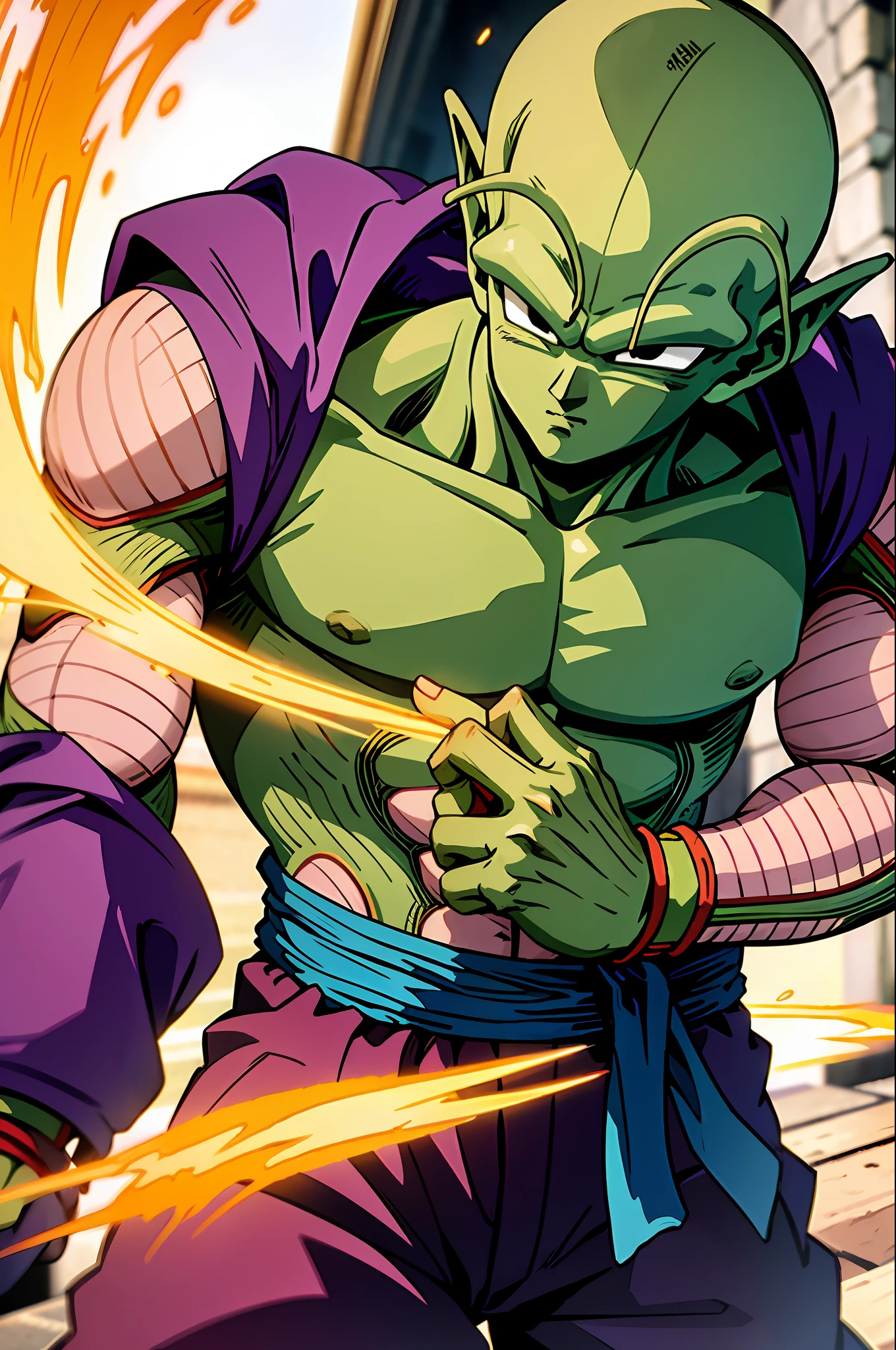 masterpiece, best quality,piccolo, 1boy, male focus, solo, fighting stance, pointy ears,(topless:1.3), green skin, oni horns, purple pants, closed mouth, ((bald)),pink patches,black eyes, blue sash