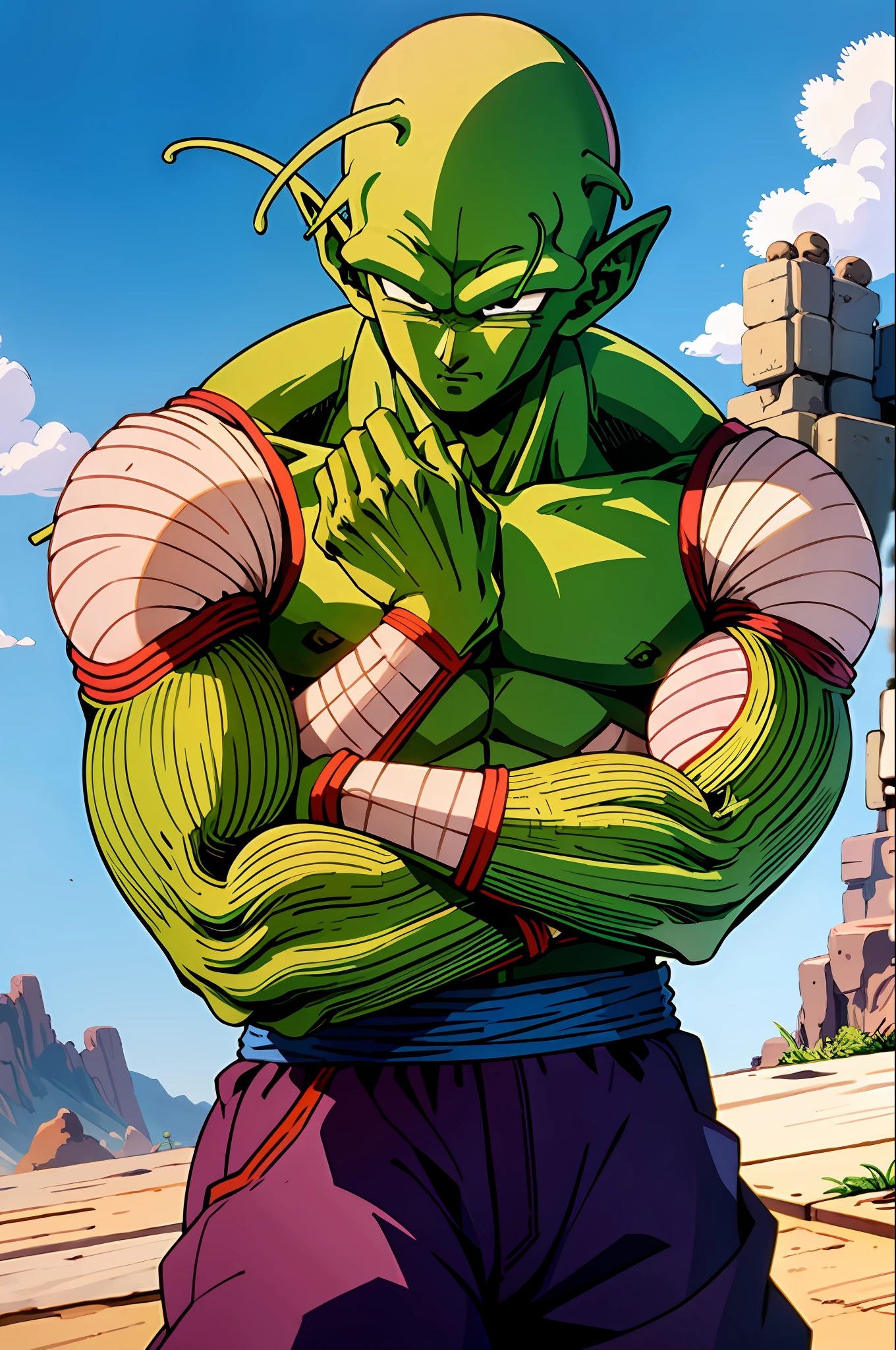 masterpiece, best quality,piccolo, 1boy, male focus, solo, fighting stance, pointy ears,(topless:1.3), green skin, oni horns, purple pants, closed mouth, ((bald)),pink patches,black eyes, blue sash