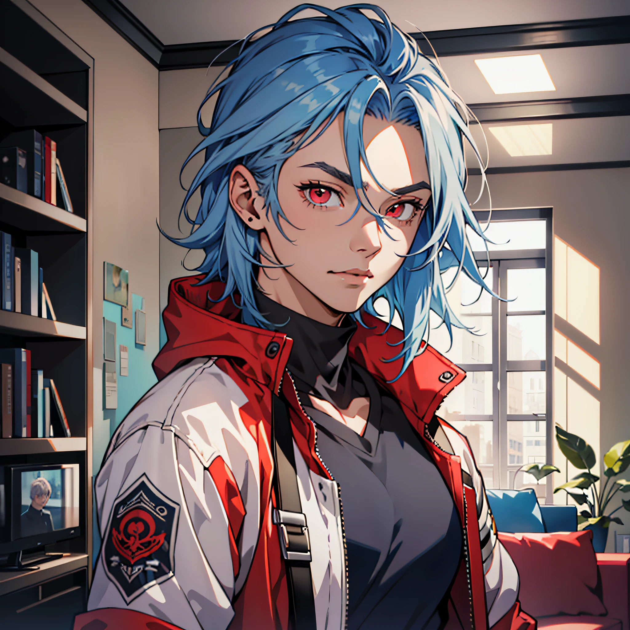 (Masterpiece, best quality, ridiculous), 1 person: 20 years old, detailed eyes, blue hair color head style, red eyes, gray jacket, upper body, ((living room background))