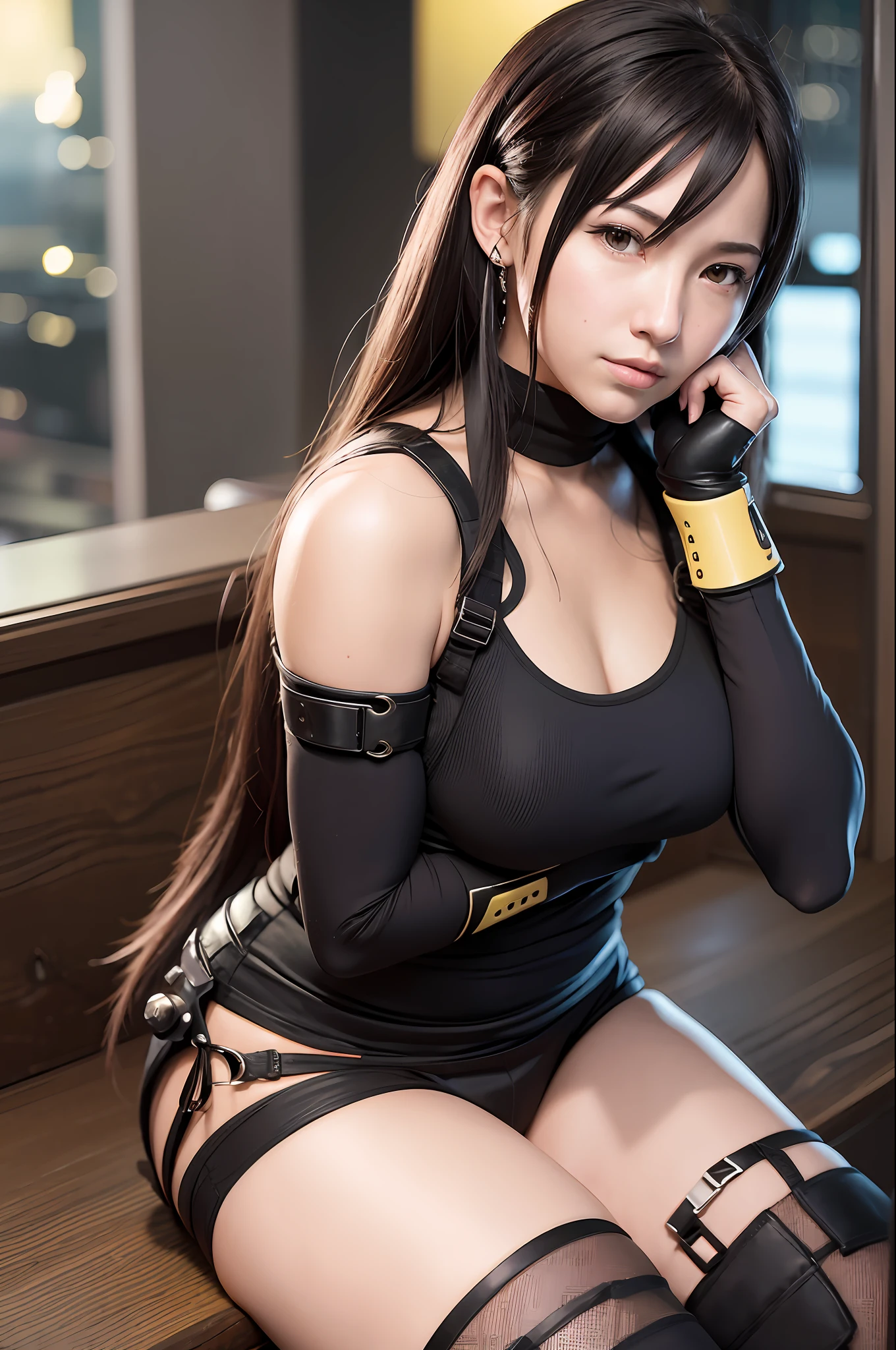 (8k, best quality, masterpiece:1.2), (realistic, photo-realistic:1.37), ultra-detailed,
A detailed portrait of Tifa Lockhart from Final Fantasy VII Remake sitting at a detailed cafe in the cityscape on a date, looking cute and solo with beautiful detailed eyes and a nose blush. She wears a single elbow pad, ankle boots, a black skirt, black thigh-highs, and red boots, along with elbow gloves, elbow pads, and fingerless gloves. Her outfit includes a sports bra, suspender skirt, thigh-highs, and a white tank top. Her full body is visible with her head resting on her hand, showcasing her pretty face, low-tied long hair, and lips. The scene is illuminated with professional lighting, photon mapping, and radiosity, with Tetsuya Nomura Style and a cyber-futuristic feel. The background features yellow flowers and a bokeh effect. Tifa has a small smile and closed mouth.