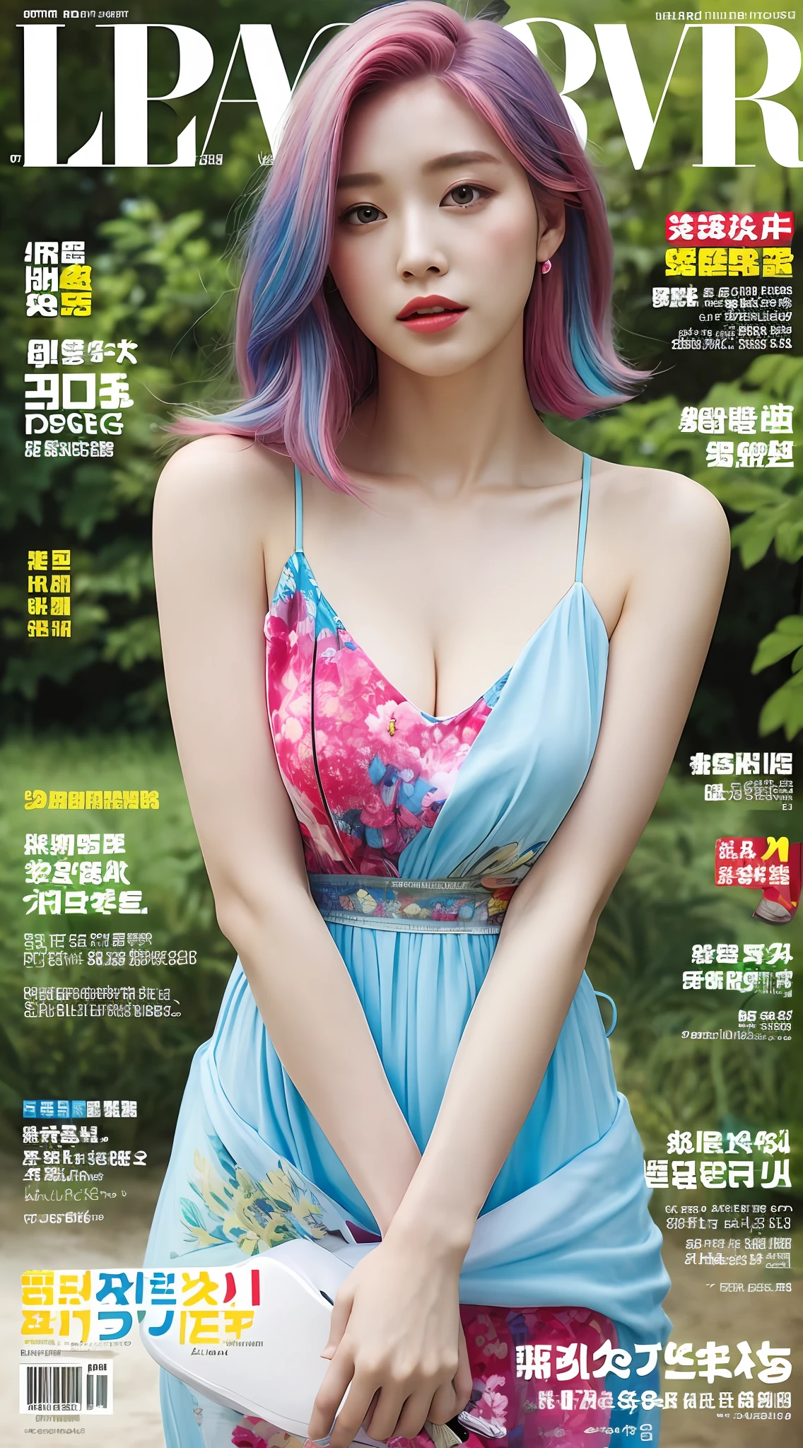 Masterpiece, superlative, summer dress, colored hair, outdoor, beach, magazine cover, upper body,