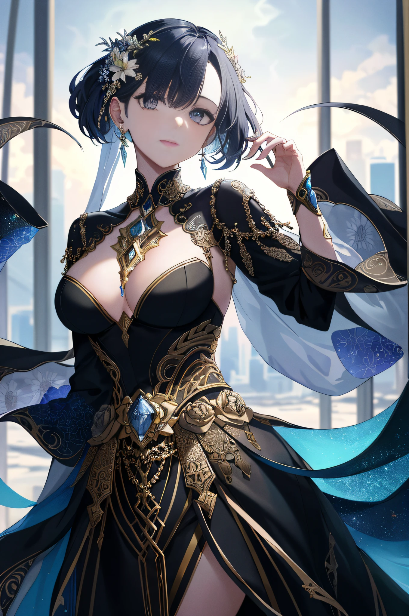 (((masterpiece))), (((best quality))), ((ultra-detailed)), (hyperrealistic), (highly detailed CG illustration), ((an extremely delicate and beautiful)),cinematic light, Create a stunning anime artwork that is currently trending on ArtStation, showcasing exquisite beauty and captivating aesthetics. The art piece should be highly detailed, featuring a compelling character and a visually appealing environment. The character in the artwork is a graceful and enchanting figure, radiating an aura of elegance. Pay close attention to intricate facial features, such as mesmerizing eyes with vibrant colors and delicate shading. The character's clothing should be designed with elaborate patterns, flowing fabrics, and rich textures, reflecting a blend of fantasy and contemporary fashion. Place the character in a captivating environment that enhances the overall appeal of the artwork. It could be a breathtaking natural landscape, a bustling futuristic cityscape, or a mystical realm filled with magical elements. Incorporate vibrant colors, dynamic lighting, and detailed background elements to create a sense of depth and immersion. Consider the latest trends in anime art, such as incorporating unique lighting effects, exploring creative composition techniques, or experimenting with unconventional color palettes. Take inspiration from the top artists on ArtStation and their exceptional execution of various art styles and themes. Camera: Choose an angle that highlights the character's beauty and the immersive environment. Lighting: Utilize atmospheric lighting techniques to create depth and mood. Resolution: Aim for a high-resolution artwork to showcase intricate details and clarity. Art Inspirations: Seek inspiration from the trending artists on ArtStation, exploring different styles, genres, and themes.