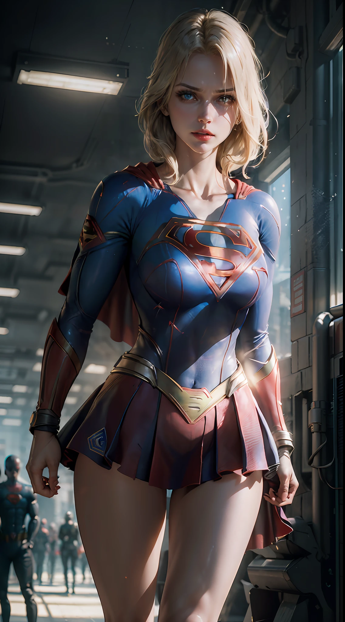 ((Best Supergirl Quality)), ((masterpiece)), (detailed: 1.4), 3D, an image of a beautiful blonde woman with cyberpunk blue eyes,HDR (High Dynamic Range),Ray Tracing,NVIDIA RTX,Super-Resolution,Unreal 5,Subsurface Dispersion, PBR Texture, Post-processing, Anisotropic filtering, Depth of field, Maximum clarity and sharpness, Multilayer textures, Albedo and specular maps, Surface shading, Accurate simulation of light-material interaction,  Perfect Proportions, Octane Render, Two-Tone Lighting,Wide Aperture,Low ISO,White Balance,Rule of Thirds,8K RAW, Using Superman S symbol on Chest. Cyberpunk.