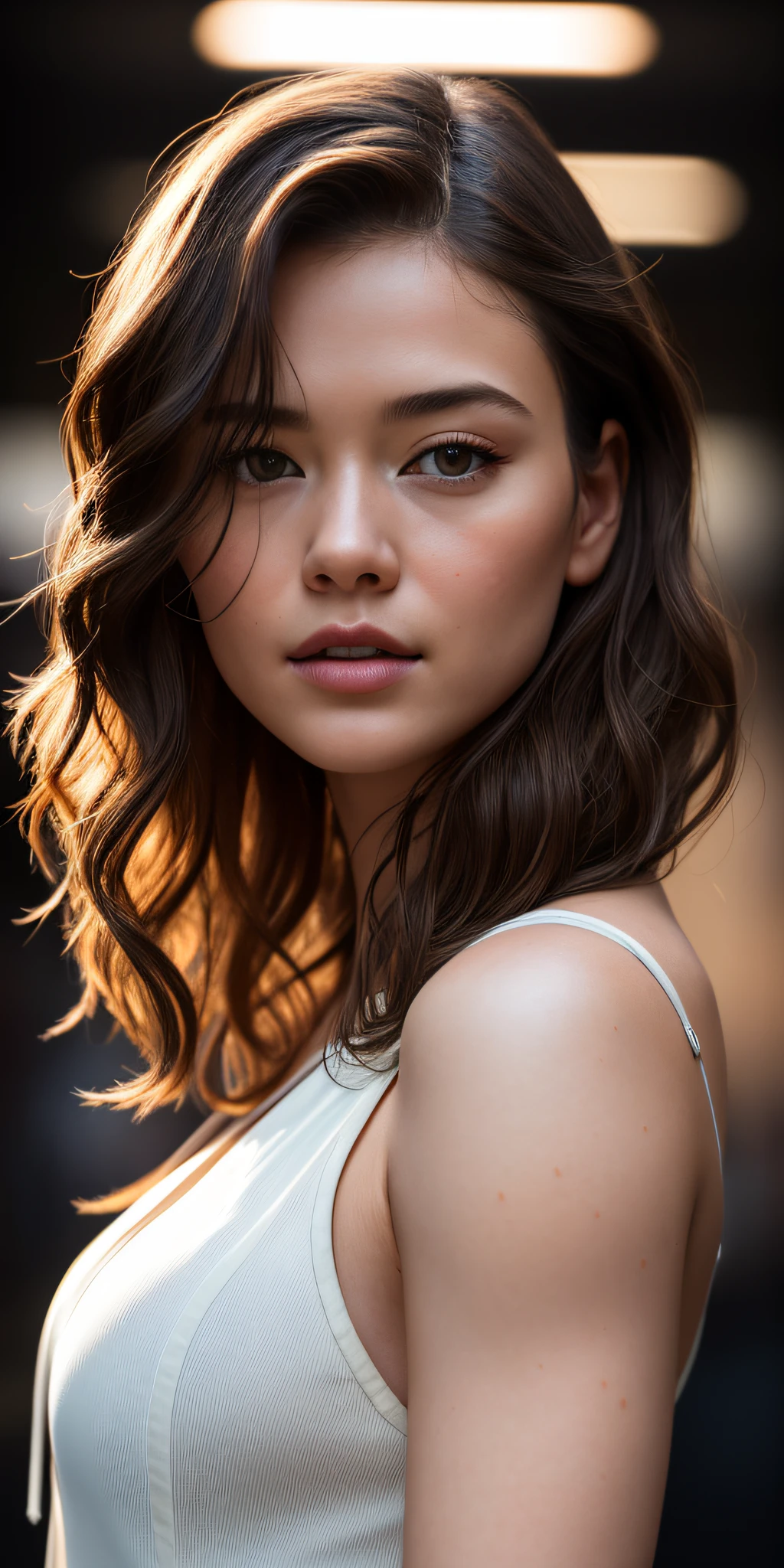 Full face portrait photo of 25 year old European girl, RAW, beautiful woman, semi-open strawberry lip, dimples, wistful expression, (extra long wavy brown hair), ((detailed face)), ((detailed facial features)), (fine detailed skin), pale skin, (detailed tech cyberpunk dress with deep neckline), Cyberpunk megacity environment, (cool colors), wet, damp, reflection, (masterpiece) (perfect proportions) (realistic photos) (highest quality) (detail) shot with Canon EOS R5, 50mm lens, f/2.8, HDR, (8k) (wallpaper) (cinematic lighting) (dramatic lighting) (sharp focus) (complex), raw photos, raw photos, gigachad photos, Camera Pose, Black Jeans, Back Arm, 8K UHD, DSLR, High Quality, Grain Film, Fujifilm XT3, Film Stock Photo 4 Kodak Portra 400 Camera F1.6 Lens Rich colors Ultra-realistic textures Dramatic lighting Unreal Engine Art Station Trends Cinestill 800 tungsten, toughboy style, Ultra focus face, intimidating, combat position, short messy hair, muscles, bursting veins, beads, wearing white clothes,
