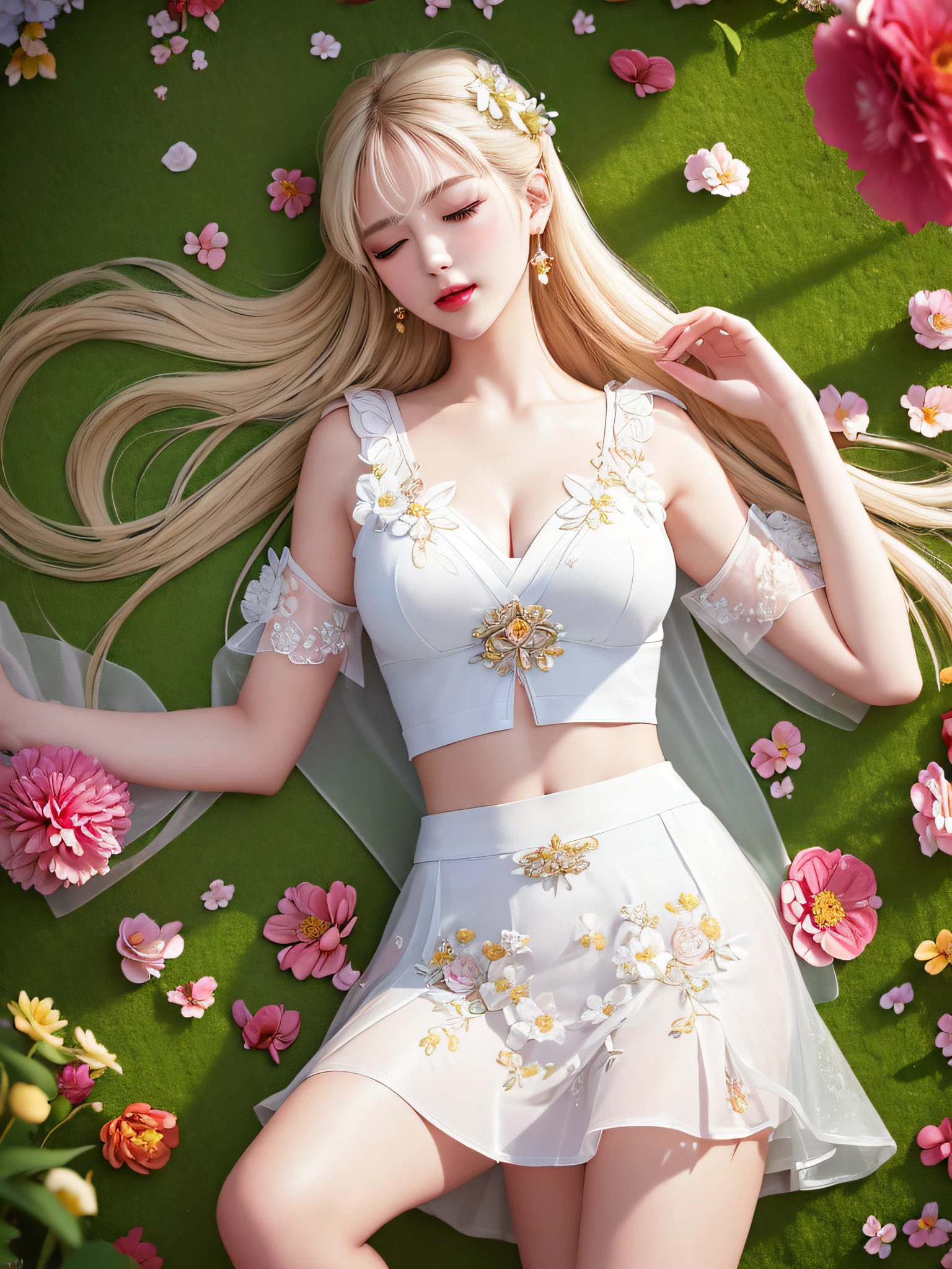 (((Female teacher lying in the flower garden)))v6, earrings, full body v6, (long golden white hair), translucent clothes, looking, superb, ultra high definition, RAW photography, realism 1.25), (bright lip gloss, long eyelashes, smooth) face, bright skin, natural shadows, wide light, wide light, depth of field, strong colors, subtle caustics: 0.8), (big), v6 ( Bra made of transparent white and red flowers, miniskirt,))), sleeveless, (eyes closed, face down)), lower body slender, behind the woman, there are various beautiful flowers (absurd, high resolution, super detailed), ((a little dirty all over, the clothes are also torn))