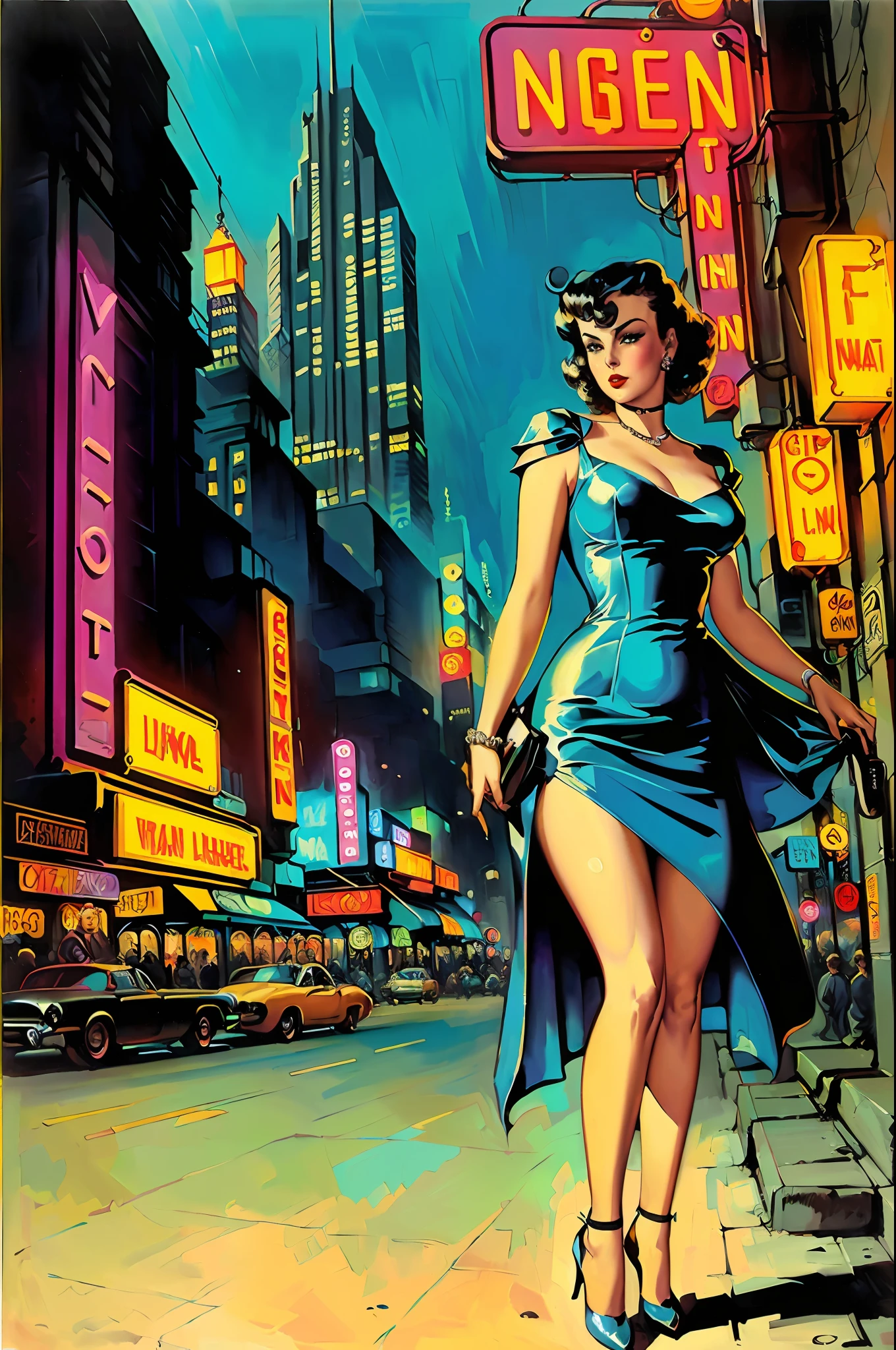 A painting of a woman in a dress on the street cyberpunk bustling with neon signs, night, art style by Gil Elvgren, award-winning, masterpiece