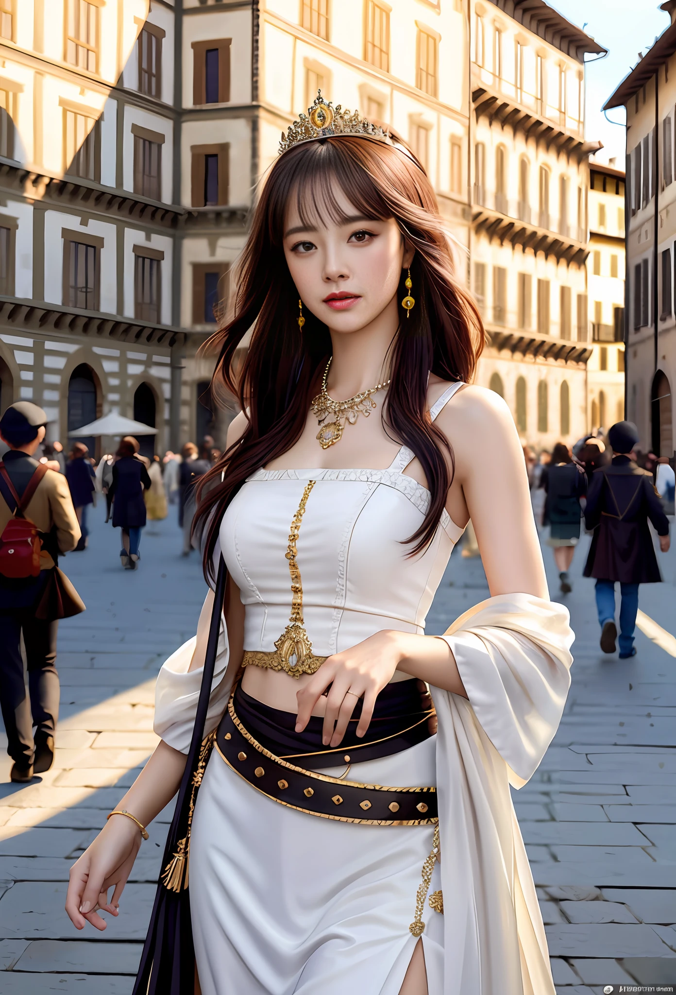 Model shooting style, (extremely detailed CG Unity 8k wallpaper), full-shot body photo of the most beautiful artwork in the world, stunning beautiful photo realistic available, an ultra-realistic ultra-detailed photo, a beautiful girl as a female dancer on the street of Florence,navel, intricate dress, gold,banquet, crowd, [slight smile],(Palazzo Vecchio And Piazza della Signoria background), (princess eyes, shining pupils), detailed symmetrical beautiful hazel eyes, detailed gorgeous face, highly detailed, vibrant, professional majestic oil painting, By Ed Blinkey, Atey Ghailan, Studio Ghibli, Jeremy Mann, Greg Manchess, Antonio Moro, ArtStation Trends, CGSociety Trends, Complex, High Detail, Sharp Focus, Dramatic, Photorealistic Painting Art by Midjourney and Greg Rutkowski