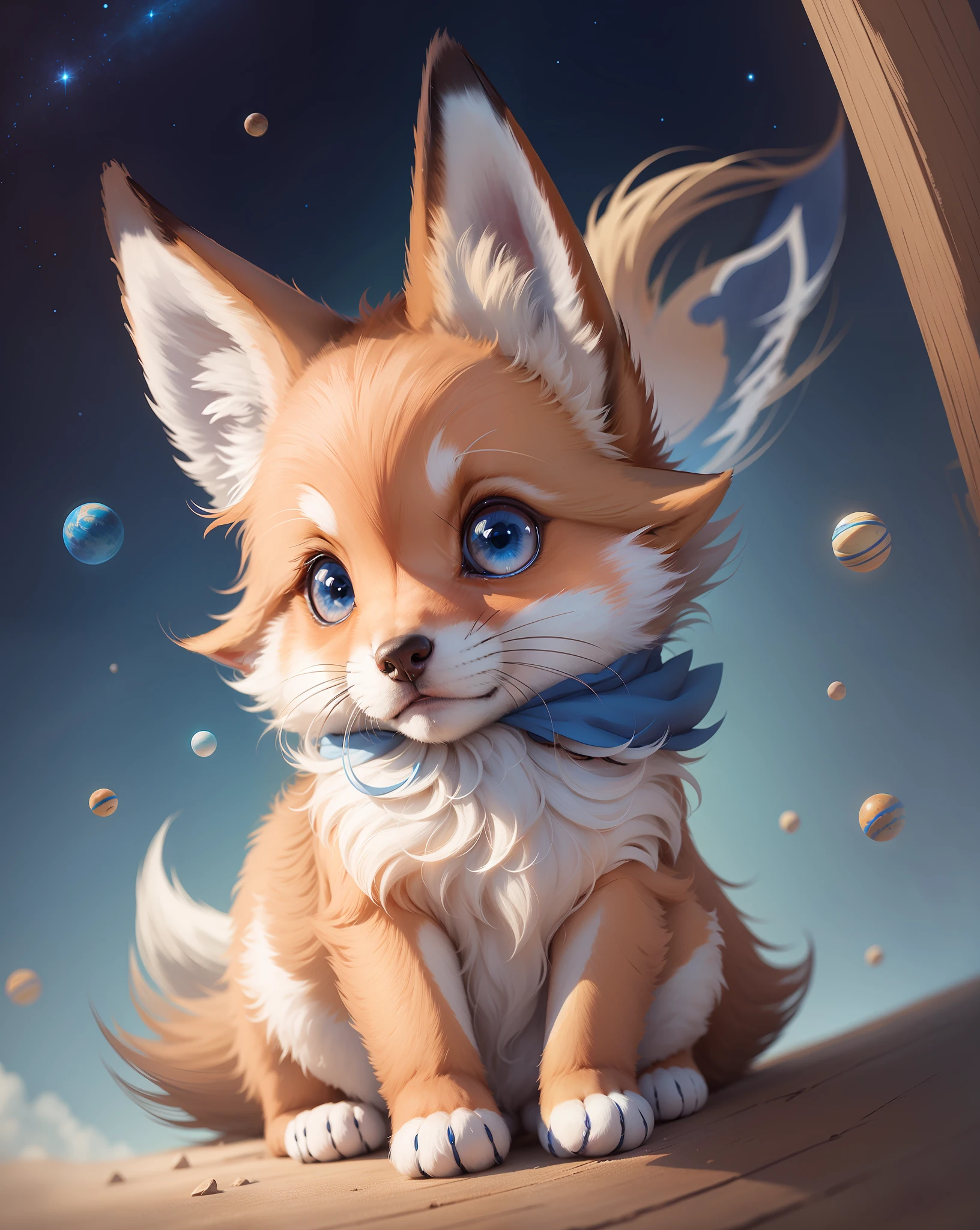 Portrait of a fox Adorable Disney style puppy, with blue eyes, intricate details, blue sky with colorful planets