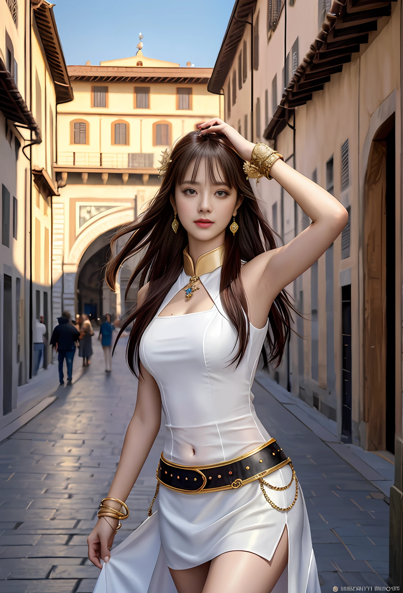 Model shooting style, (extremely detailed CG Unity 8k wallpaper), full-shot body photo of the most beautiful artwork in the world, stunning beautiful photo realistic available, an ultra-realistic ultra-detailed photo, a beautiful girl as a female dancer on the street of Florence,navel, intricate dress, gold,banquet, crowd, [slight smile],(Palazzo Vecchio And Piazza della Signoria background), (princess eyes, shining pupils), detailed symmetrical beautiful hazel eyes, detailed gorgeous face, highly detailed, vibrant, professional majestic oil painting, By Ed Blinkey, Atey Ghailan, Studio Ghibli, Jeremy Mann, Greg Manchess, Antonio Moro, ArtStation Trends, CGSociety Trends, Complex, High Detail, Sharp Focus, Dramatic, Photorealistic Painting Art by Midjourney and Greg Rutkowski