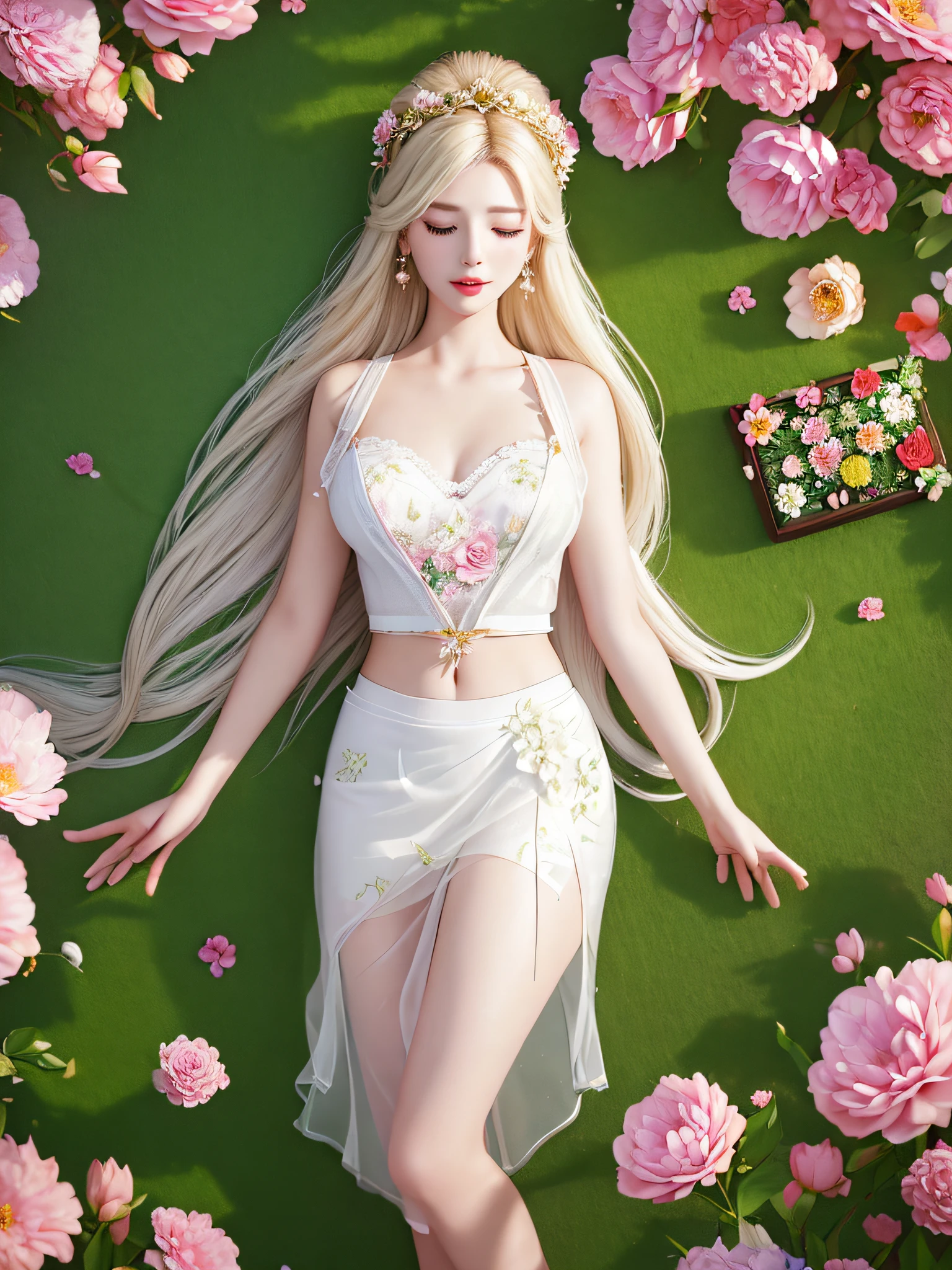 (((Female teacher lying in the flower garden)))v6, earrings, full body v6, (long golden white hair), translucent clothes, looking, superb, ultra high definition, RAW photography, realism 1.25), (bright lip gloss, long eyelashes, smooth) face, bright skin, natural shadows, wide light, wide light, depth of field, strong colors, subtle caustics: 0.8), (big), v6 ( Bra made of transparent white and red flowers, miniskirt,))), sleeveless, (eyes closed, face down)), lower body slender, behind the woman, there are various beautiful flowers (absurd, high resolution, super detailed), ((a little dirty all over, the clothes are also torn))