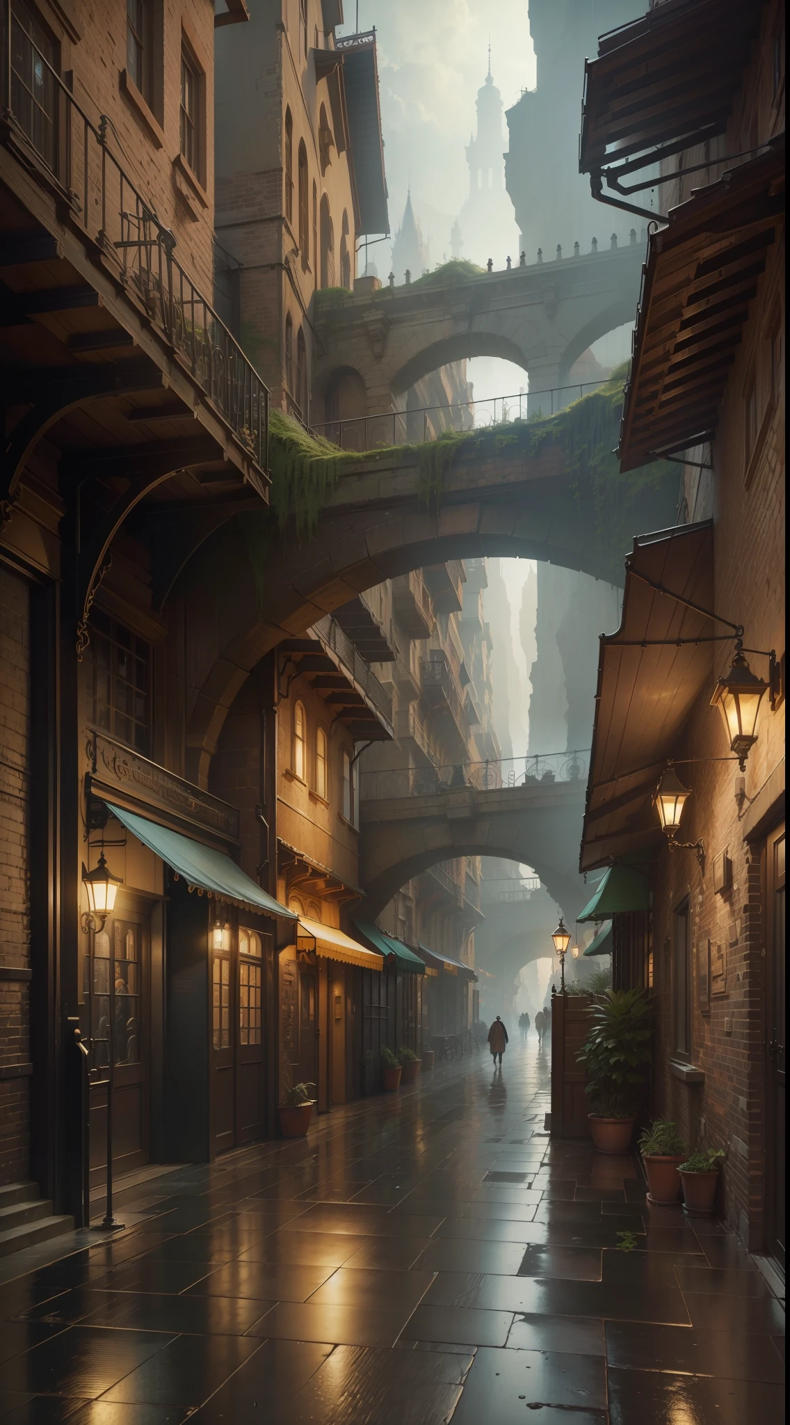 ((Masterpiece)),((Highest Quality)),((High Definition)),((Real,)) Industrial Age City, Middle Deep Canyon, Architectural Street, Bazaar, Bridge, Rainy Day, Steampunk, European Architecture, (8k, RAW Photography, Best Quality, High Resolution: 1.1), (Ultra-Realistic: 1.4)