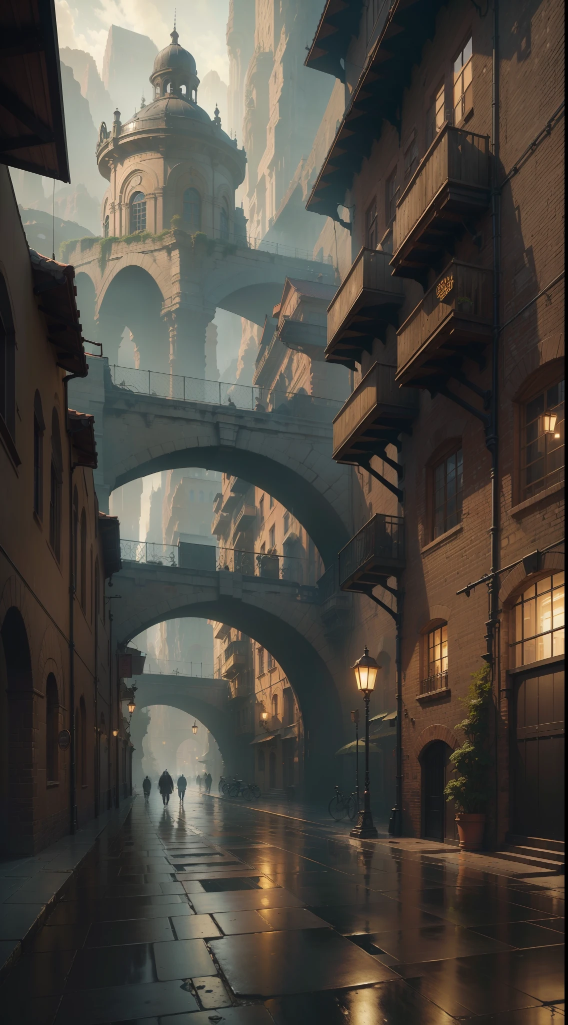 ((Masterpiece)),((Highest Quality)),((High Definition)),((Real,)) Industrial Age City, Middle Deep Canyon, Architectural Street, Bazaar, Bridge, Rainy Day, Steampunk, European Architecture, (8k, RAW Photography, Best Quality, High Resolution: 1.1), (Ultra-Realistic: 1.4)