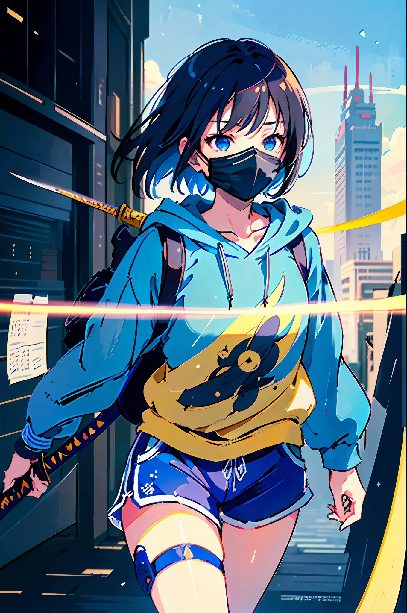 (Minute details, masterpiece, delicate work), ((anime style)), fluid stroke, girl, (blue sweatshirt), (wearing mask), (wearing shorts),(((carrying katana))), teenage body, proportional, symmetrical body, top quality,soft focus,(((Just 1girl))), Tokyo city background,aesthetic lofi