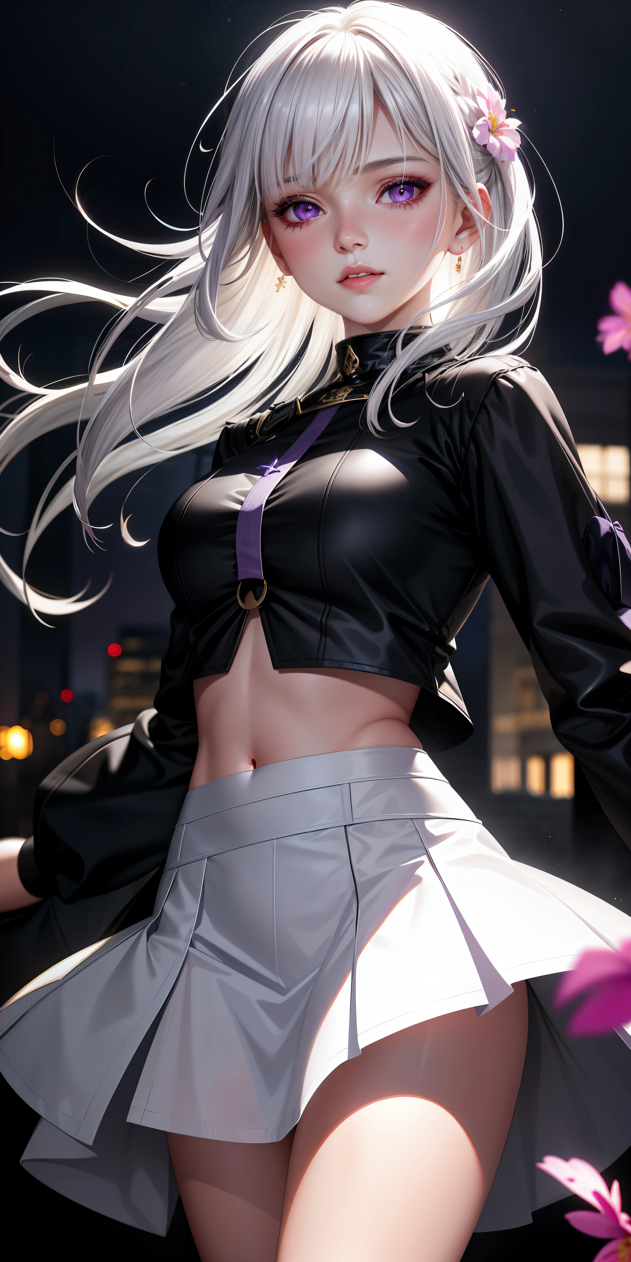 realistic, 1girl, white hair, purple eyes, glowing eyes, crop top, skirt, parted lips, blush, night, flowers, sun, sunlight,