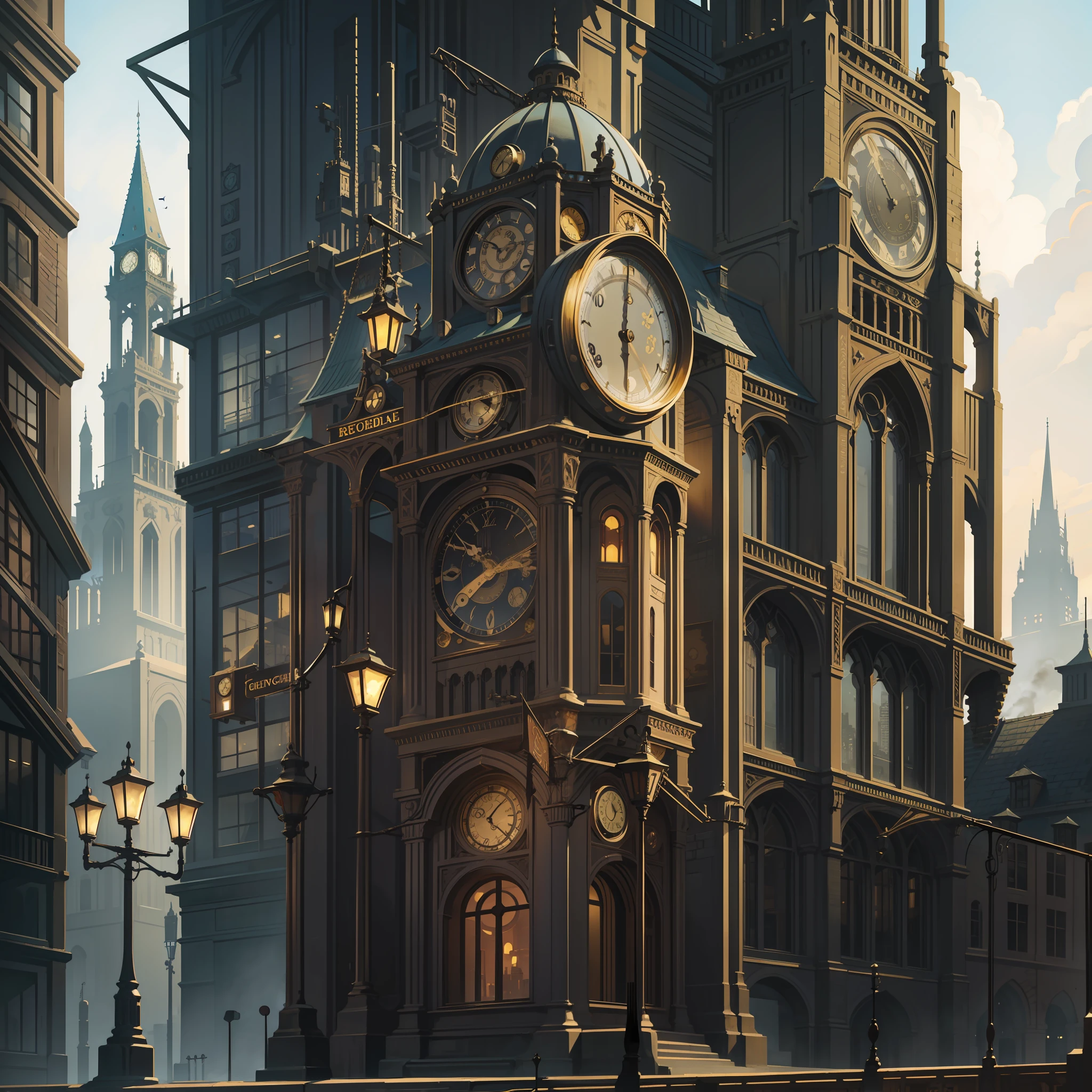 steampunk, cityscape, high clock tower, retro building, sidewalk, gear, bolt, fog, steam, unique, super high quality, super detailed, antique, retro,