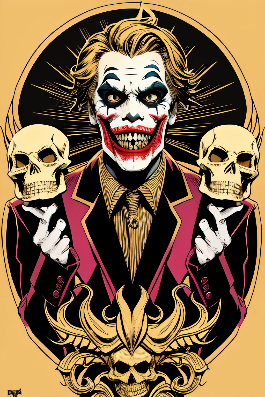 Flyer, mix of Joker and Skull, Mexican decoration, Satan,
vector flat, gold, black,
Aaron Horkey,
masterpiece, ultra high res, high quality,