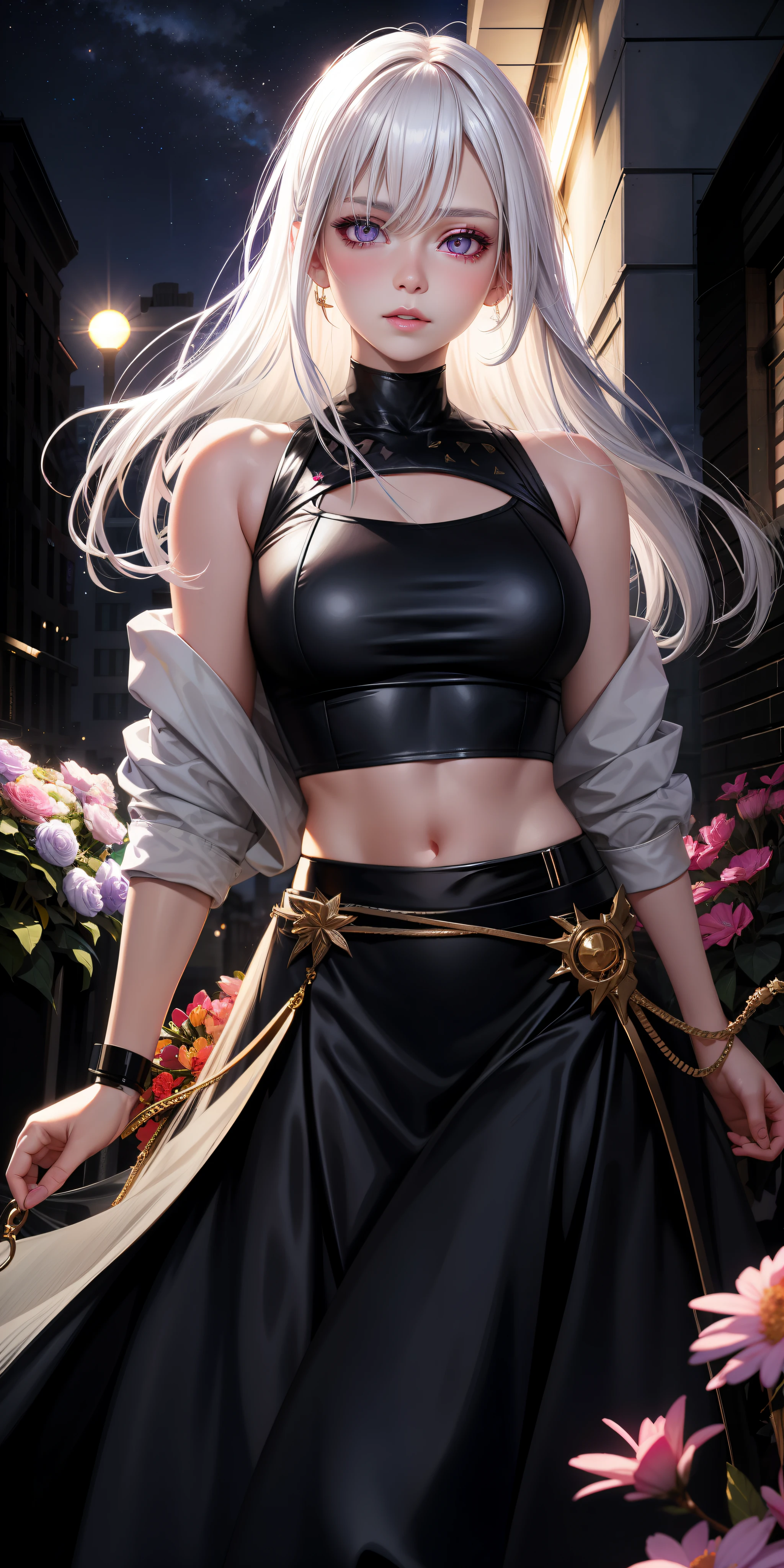 realistic, 1girl, white hair, purple eyes, glowing eyes, crop top, skirt, parted lips, blush, night, flowers, sun, sunlight,