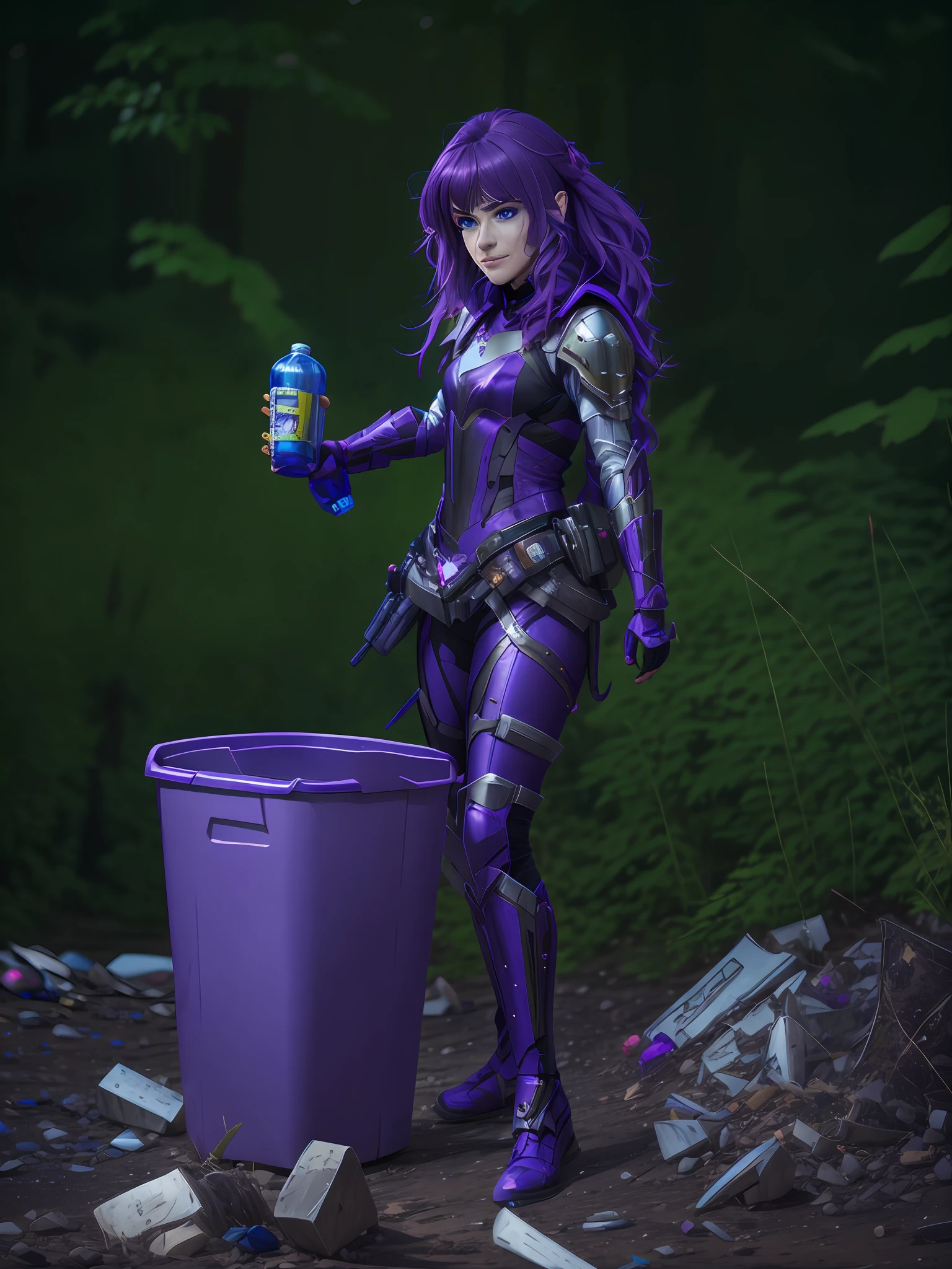 purple haired woman in armor holding a bottle of water and a purple trash can, wearing dark purple armor, purple armor, professional cosplay, sleek purple armor, pvc armor, realistic cosplay, full-cosplay, shiny plastic armor, as overwatch character, cosplay photo, dark purple hair and cybernetics, as an overwatch character, vi from arcane