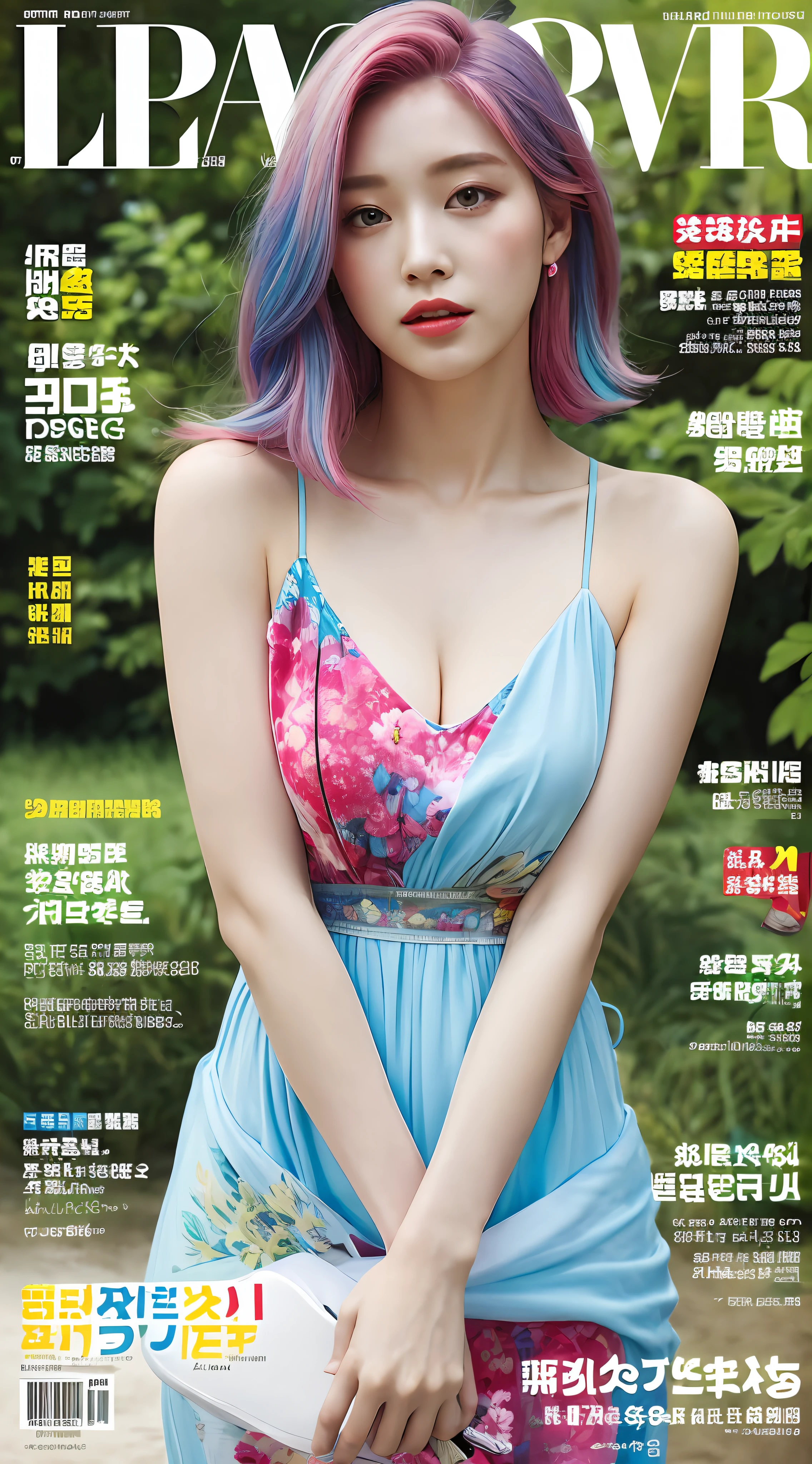 Masterpiece, superlative, summer dress, colored hair, outdoor, beach, magazine cover, upper body,