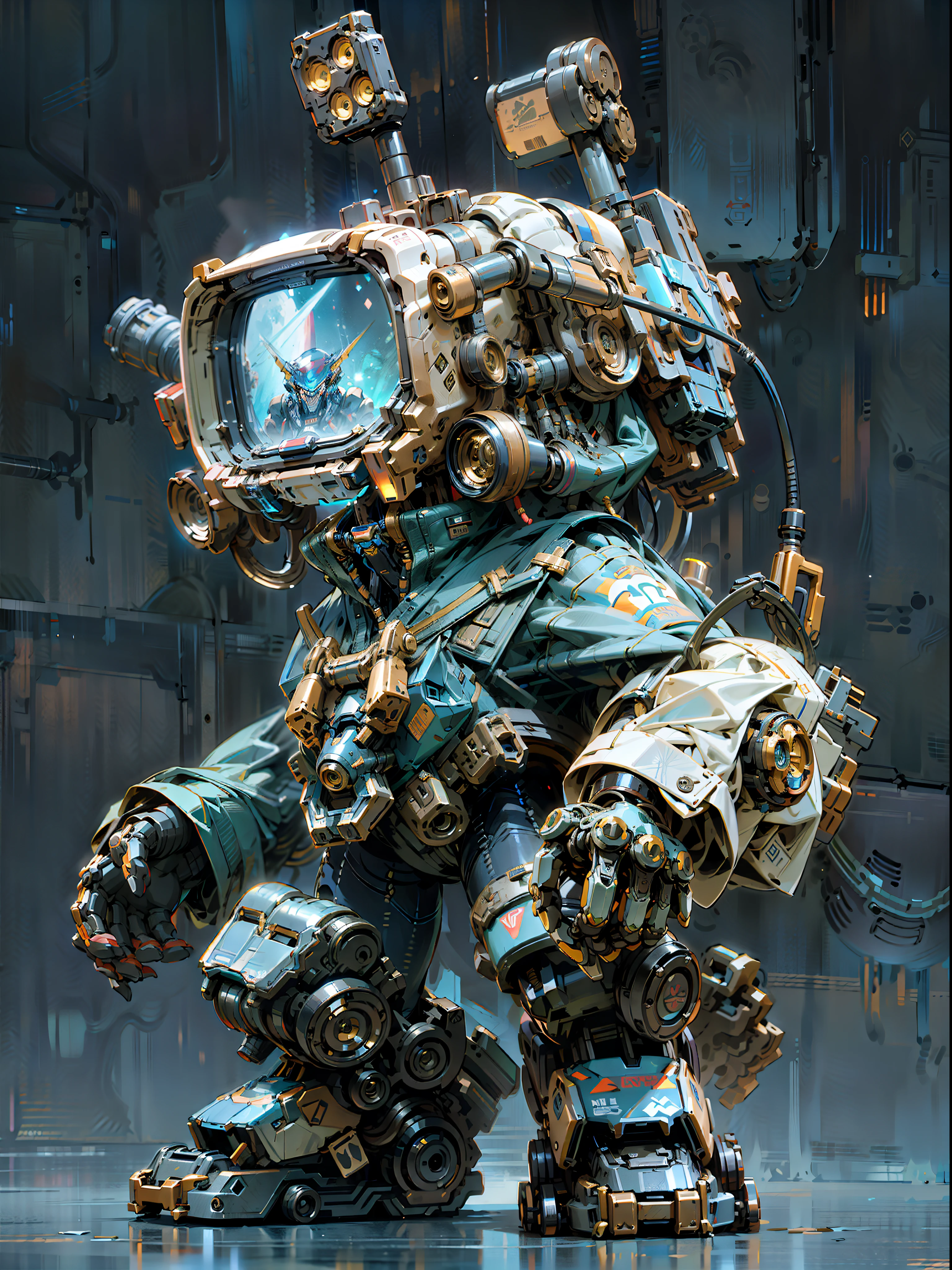 there is a robot with a tv on it's head, cute elaborate epic robot, painterly humanoid mecha, rolands zilvinskis 3d render art, polycount contest winner, cyber steampunk 8 k 3 d, humanoid mech, 3 d render stylized, beautiful robot character design, portrait of a mech, seapunk mecha