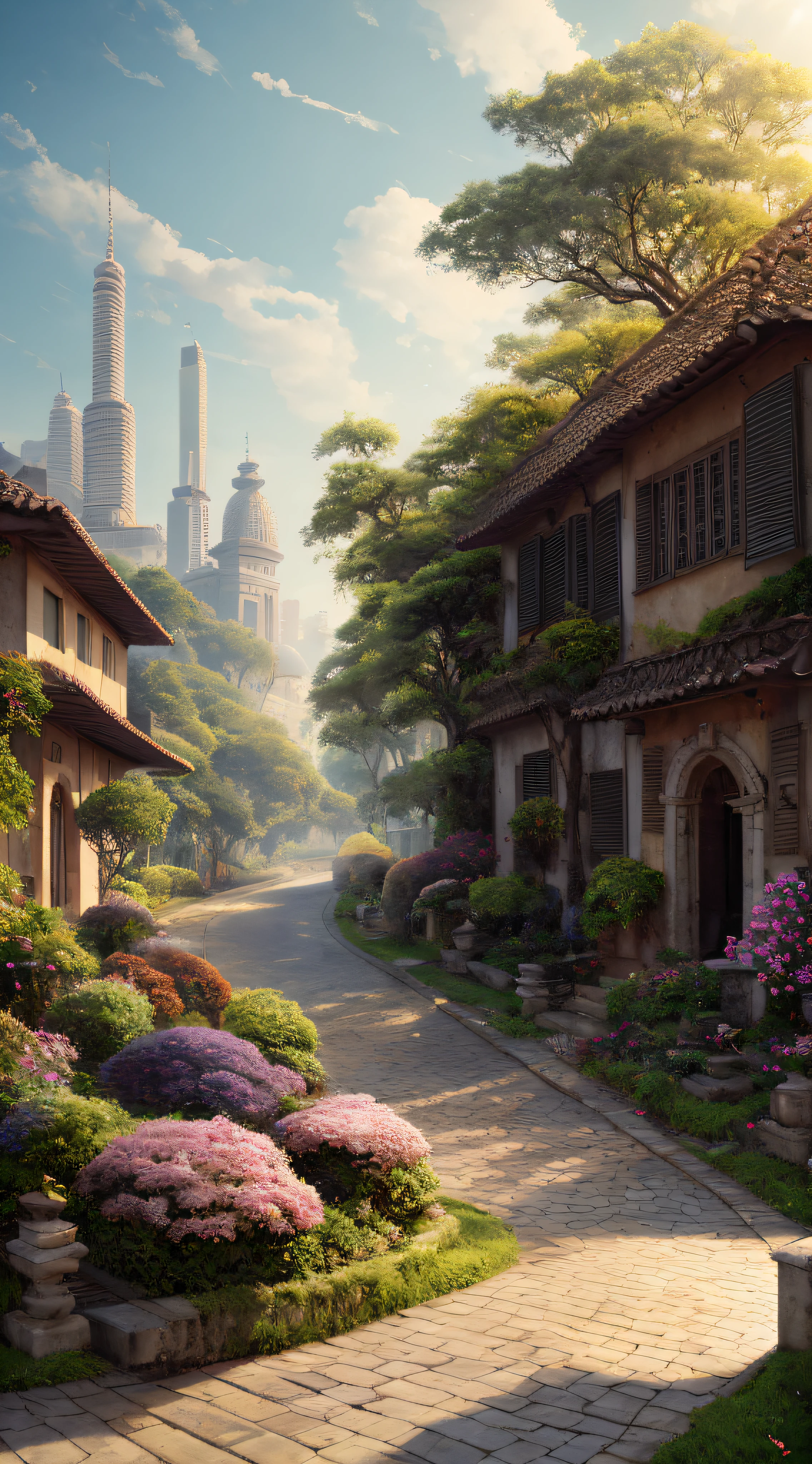 Masterpiece, best quality, high quality, extremely detailed CG 8k wallpaper unit, classic brazilian neighborhood, landscape, são paulo, summer, ((sunny)), outdoor, sky, day, landscape, houses, trees, sky universe, gardens, award-winning photography, depth of field, HDR, flower, chromatic aberration, photorealism, very detailed, trend in artstation, trend in CGsociety, intricate, high detail, dramatic, Art in the middle of the journey