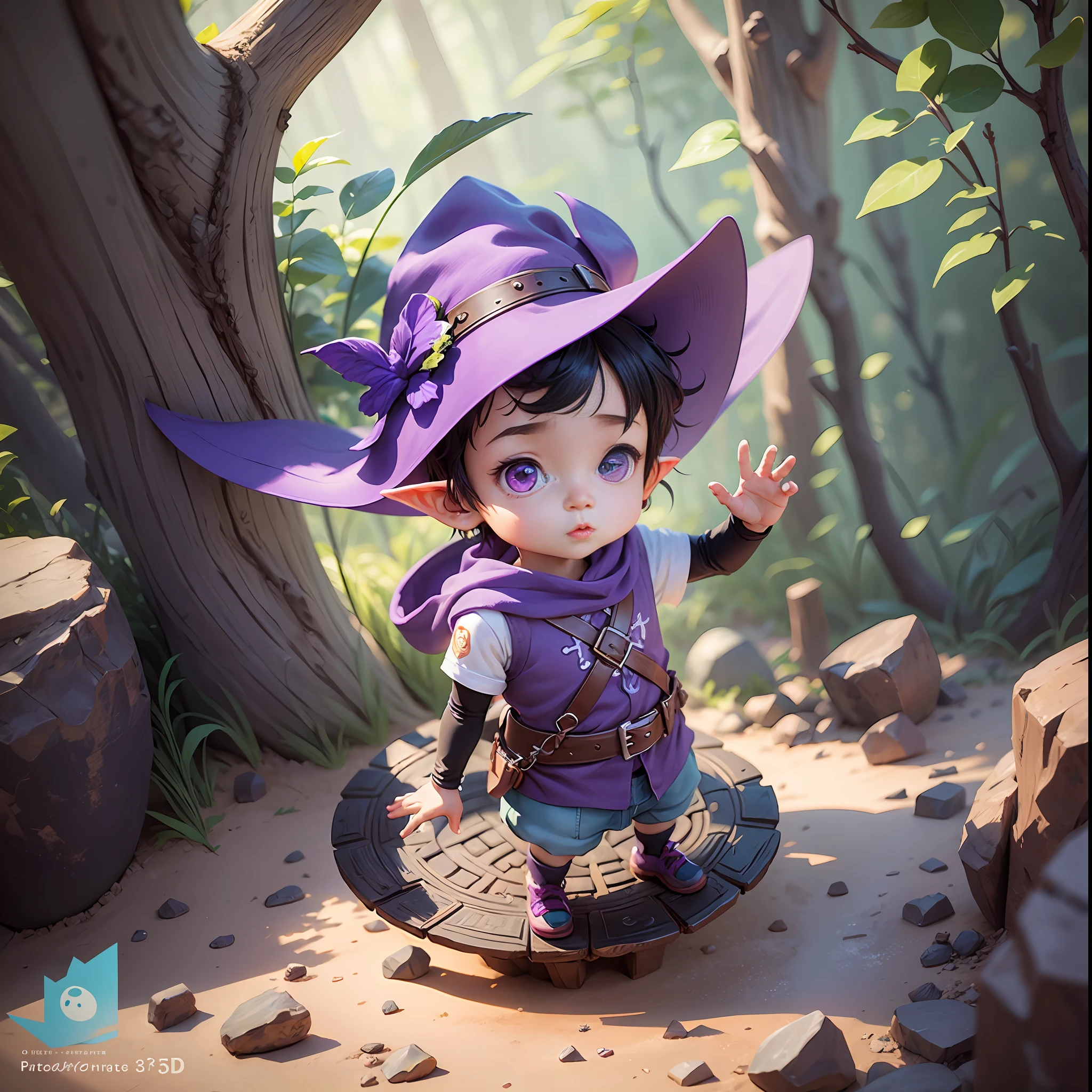 There is a little boy with elf ears standing on a rock, purple eyes, grape hat, wings, cute digital painting, children's art in Artstation, cute 3 D rendering, cute detailed digital art, Guweiz style artwork, 3 D rendering stylization, realistic fantasy rendering, cute digital art, digital painting highly detailed, 3 D rendered character art 8 K, anime style 3d, cartoon IP image, blind box --auto --s2