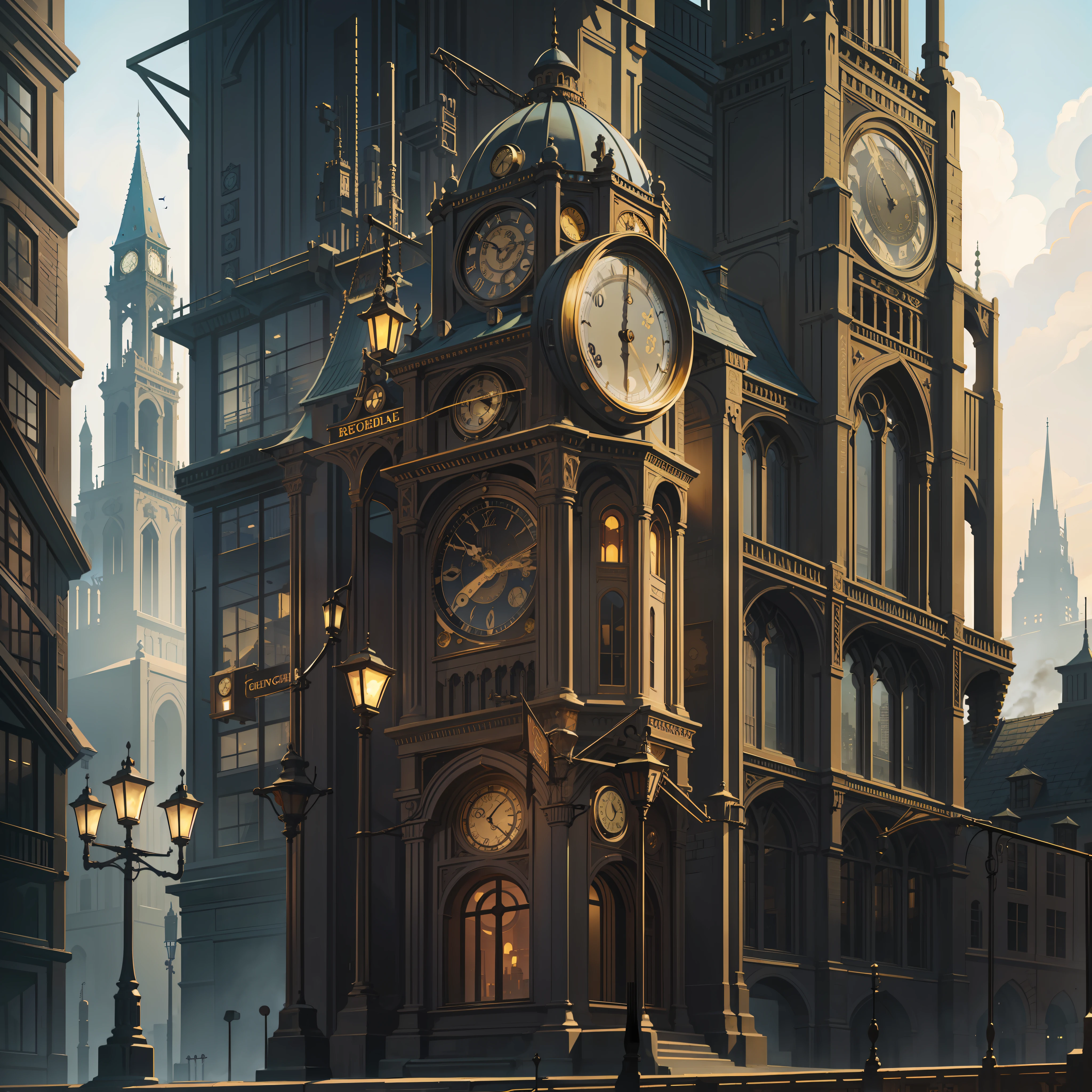 steampunk, cityscape, high clock tower, retro building, sidewalk, gear, bolt, fog, steam, unique, super high quality, super detailed, antique, retro,
