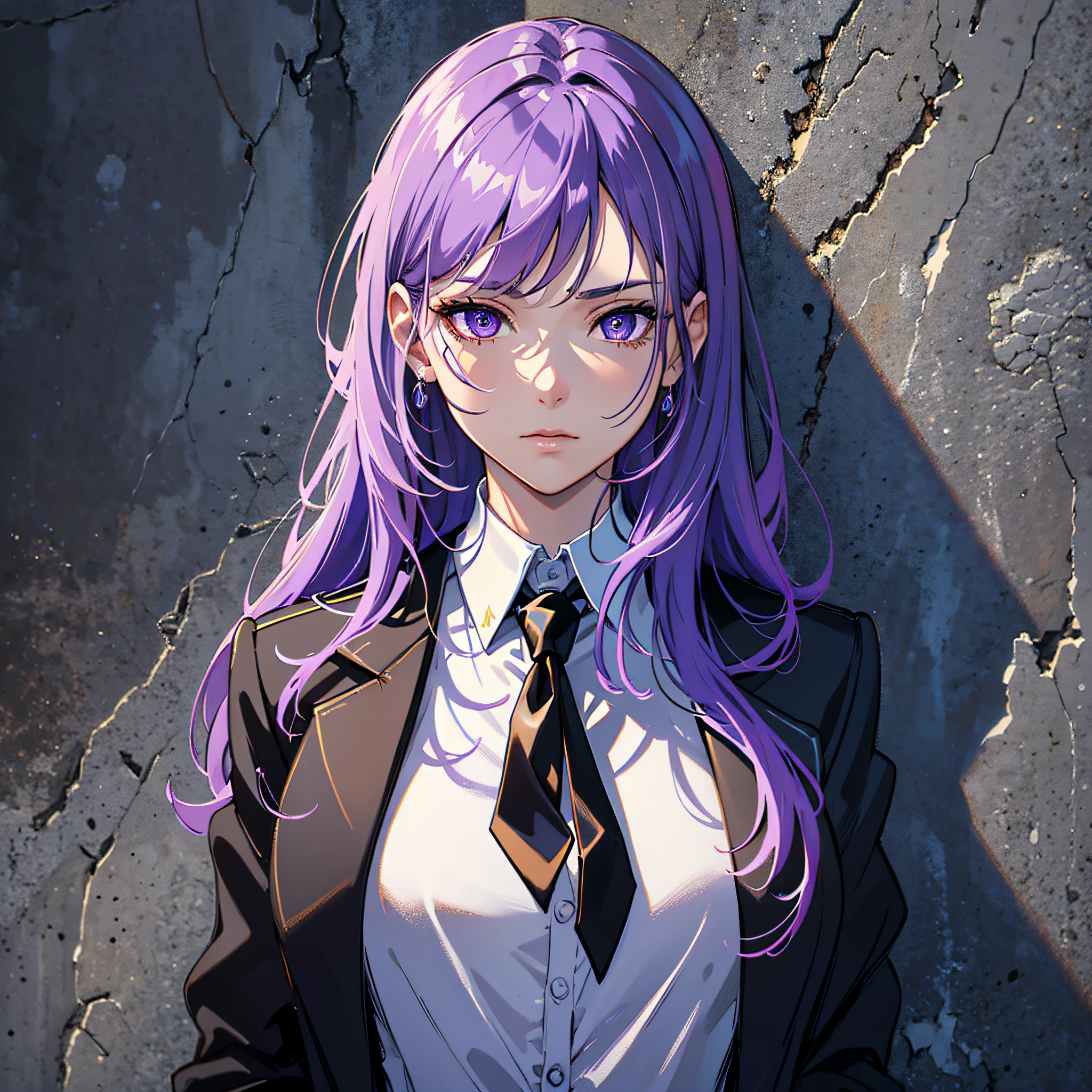 highres, highest quallity, illustration,  ultra detailed, (detailed face), (detailed eyes), cinematic lighting, best quality, hyper detailed, masterpiece, fine lines, 1girl, solo, purple hair, purple eyes, black blazer, white shirt, black tie,  jewellery, necklace, luminous eyes, medium breasts, light rays, (colorful), upper body, smug, outdoors, concrete wall, industrial