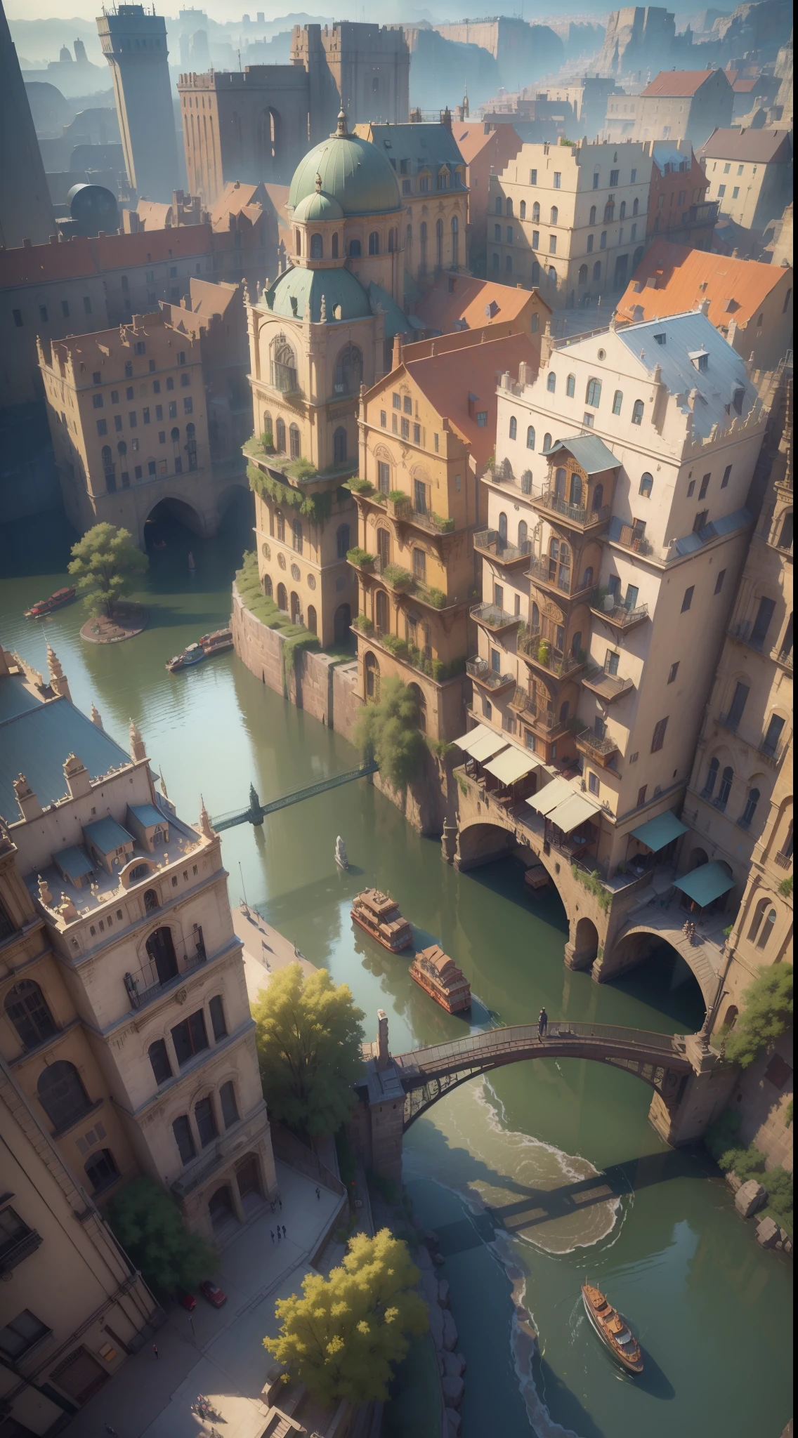 ((Masterpiece)),((Highest quality)),((High definition)),((Real,)) Industrial era city, three-dimensional multi-storey city, deep canyon in the middle, architectural street, bazaar, bridge, rainy day, steampunk, European architecture, overhead view, (8k, RAW photo, best quality, high resolution: 1.1), (ultra-realistic: 1.4)