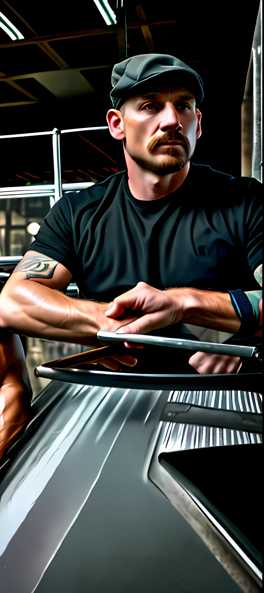 ((Strong man, tattoos on arms))(dark shot:1.1), epic realistic, portrait of halo, by greg rutkowski, adobe lightroom, photolab, hdr, intricate, highly detailed, (depth of field:1.4), faded, (neutral colors:1.2), (hdr:1.4), (muted colors:1.2), hyperdetailed, (artstation:1.4), cinematic, warm lights, dramatic light, (intricate details:1.1), complex background, (rutkowski:0.66), rock n roll, heavy metal, Peaky Blinders style.