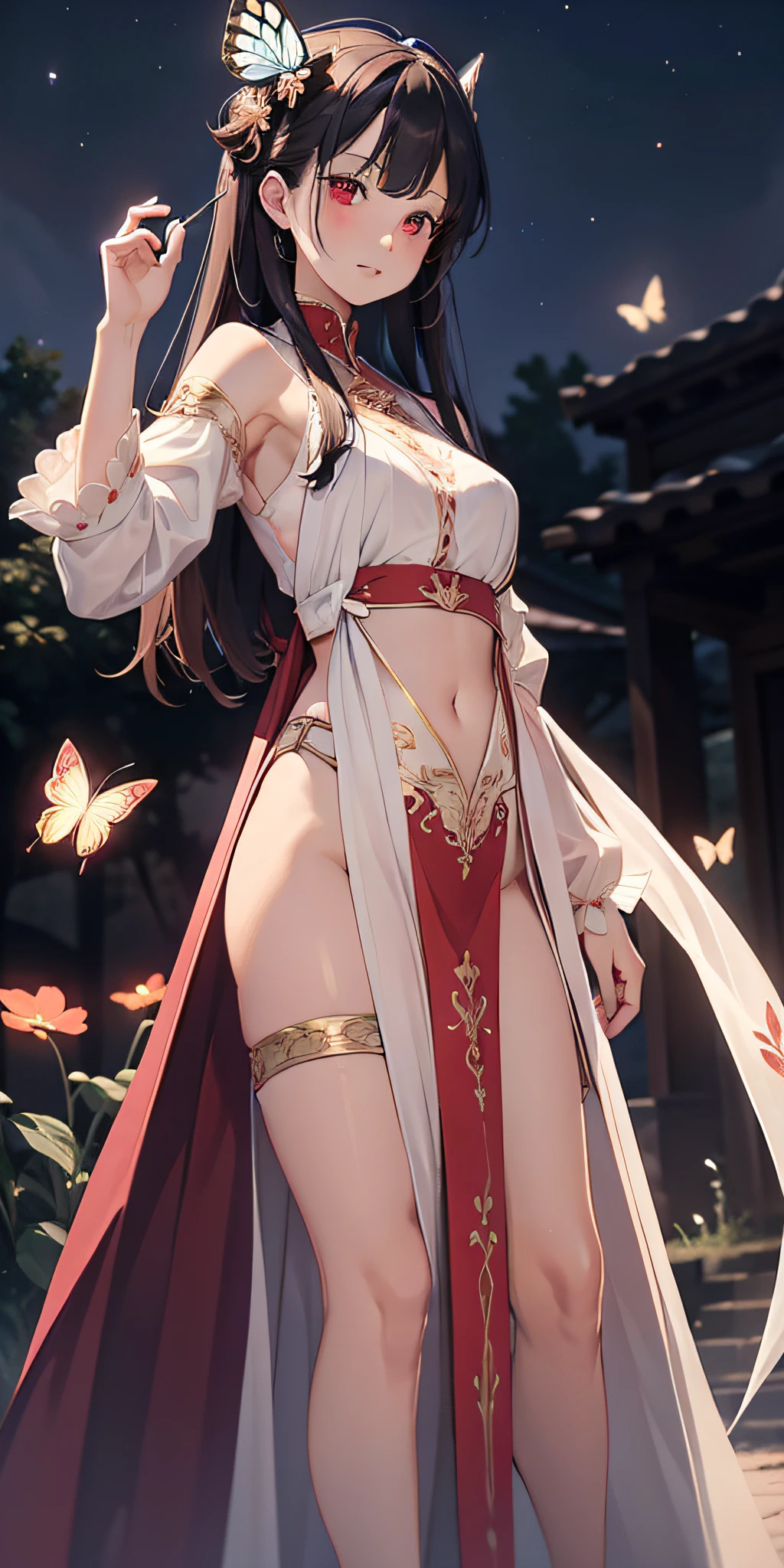 ((very detailed and delicate)), (8k CG wallpaper), maiden, (exposed navel, long legs, and shoulders: 1.5), long legs ((masterpiece)), (holding a large long knife: 1.8), (fighting stance: 1.4), delicate red eyes, starry sky, beautiful moon, (light red long hair and waist: 1.1), (with butterfly festival: 1.4), standing, upper body, facing the audience