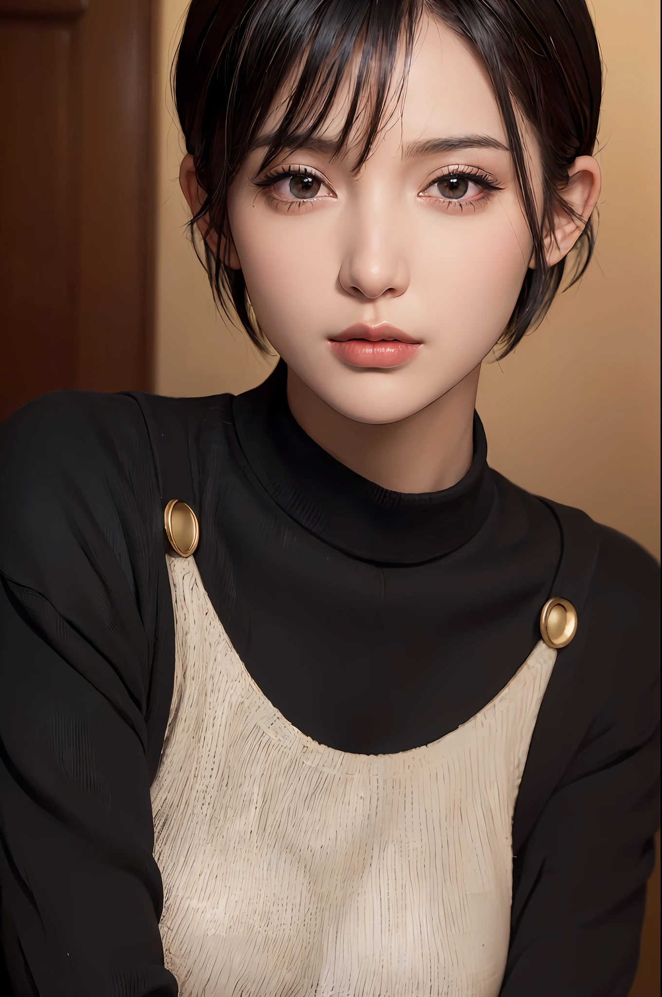 (masterpiece:1.3), (8k, photorealistic, RAW photo, best quality: 1.4), (1girl), beautiful face, (realistic face), (black hair, short hair:1.3), beautiful hairstyle, realistic eyes, beautiful detailed eyes, (realistic skin), beautiful skin, (sweater), absurdres, attractive, ultra high res, ultra realistic, highly detailed, golden ratio