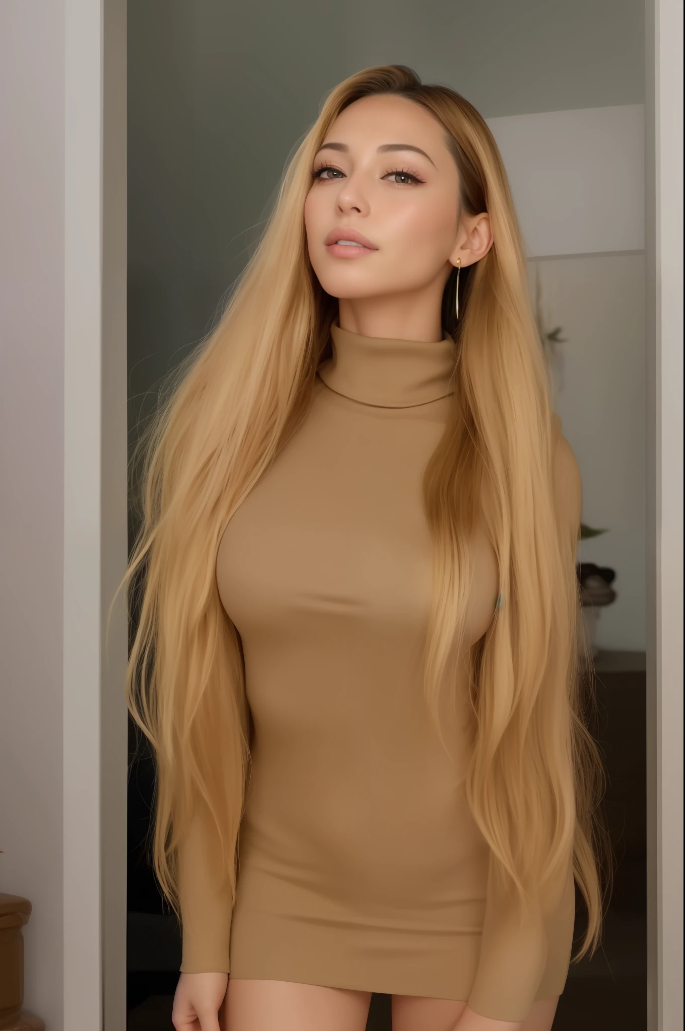 best quality, masterpiece, realistic photo, 8k, 4k, extreme res, ultra high res, dynamic lighting, real lighting, sophiadiamond, looking_at_viewer, smile, face portrait photo of a woman wearing a black linen turtleneck sweater and gold hoop earrings (golden), light brown hair, with blonde lights, (brunette with dyed blonde hair), 30 years, RAW, ((Julia Sarda)),((Christina Kritkou)),((black turtleneck)), (wearing turtleneck), RAW portrait, (realistic photo), RAW, portrait of Kim Kardashian, inspired by Gina Pellón, ((tanned Ameera al Taweel)), ((Olivia Culpo)), ((Julia Fuentes)), ((detailed face)), ((detailed facial features)), (finely detailed skin), ((flawless olive skin)), (best quality), (masterpiece), (realistic photo), 8k, 16k, (extreme res), (ultra high res), (dynamic lighting), (real lighting), (masterpiece) (perfect aspect ratio)(realistic photo)(best quality) (detailed) photographed on a Canon EOS R5, 50mm lens, F/2.8, HDR, (8k), (16k), posing for camera, uhd, dslr, high quality, grain film, Fujifilm XT3, film stock photography 4 kodak portra 400 camera f1.6 lens rich colors hyper realistic texture dramatic lighting unrealengine trend in artstation cinestill 800 tungsten, Toughboy style, ultra focus face, confident, square jaw, striking eyes, without much makeup, (wider nose 1:1), square face (wider face 1:1)