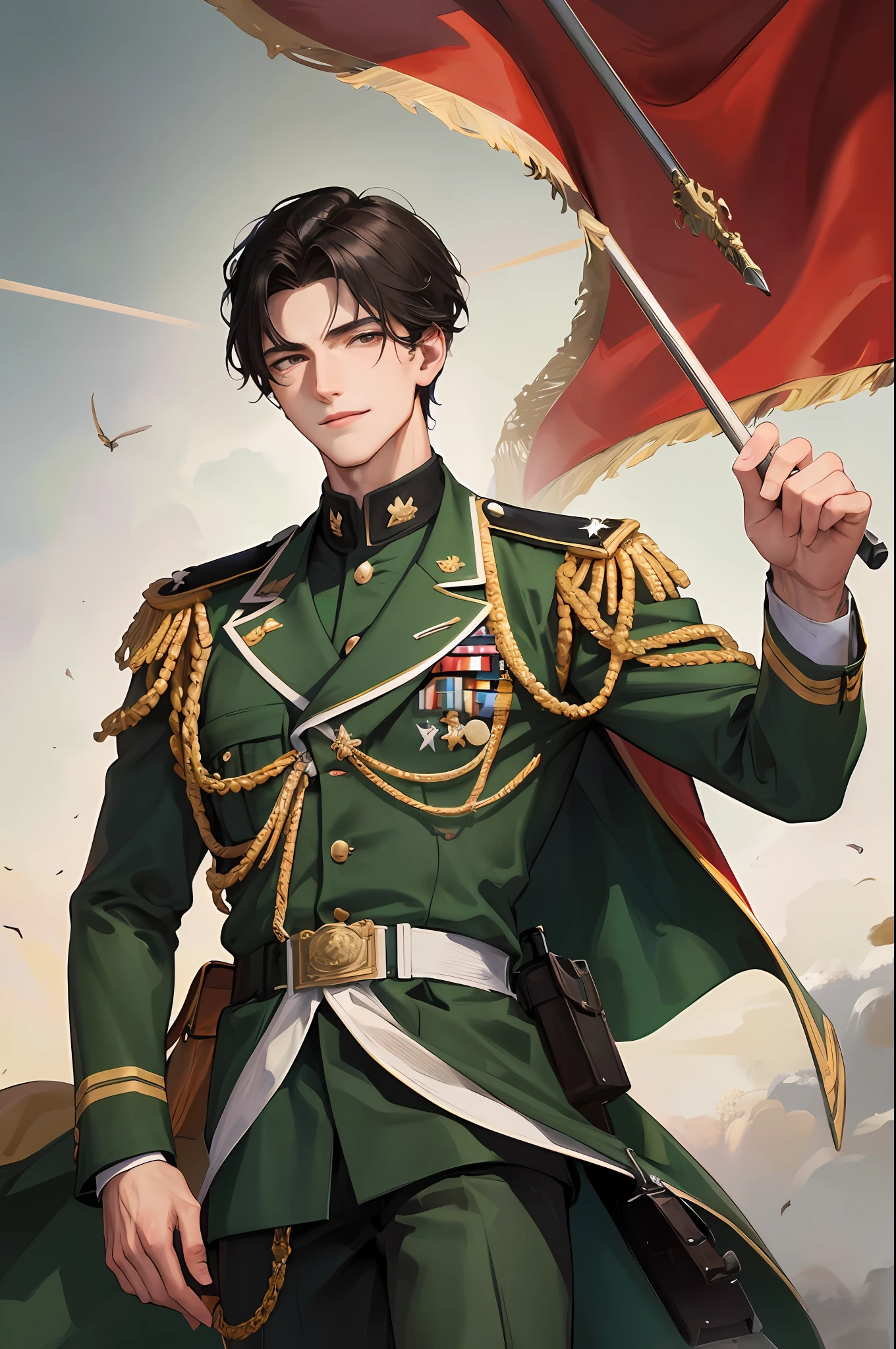 (High resolution, distinct_image) Superb character, masterpiece, high detail, semi-realistic, short black hair, men, middle hair, 18 years old, young, tall and strong, army uniform, military uniform, military school, unruly, unrestrained, handsome, authoritarian, powerful aura, delicate facial features, delicate facial features, standing under the red flag, smiling.