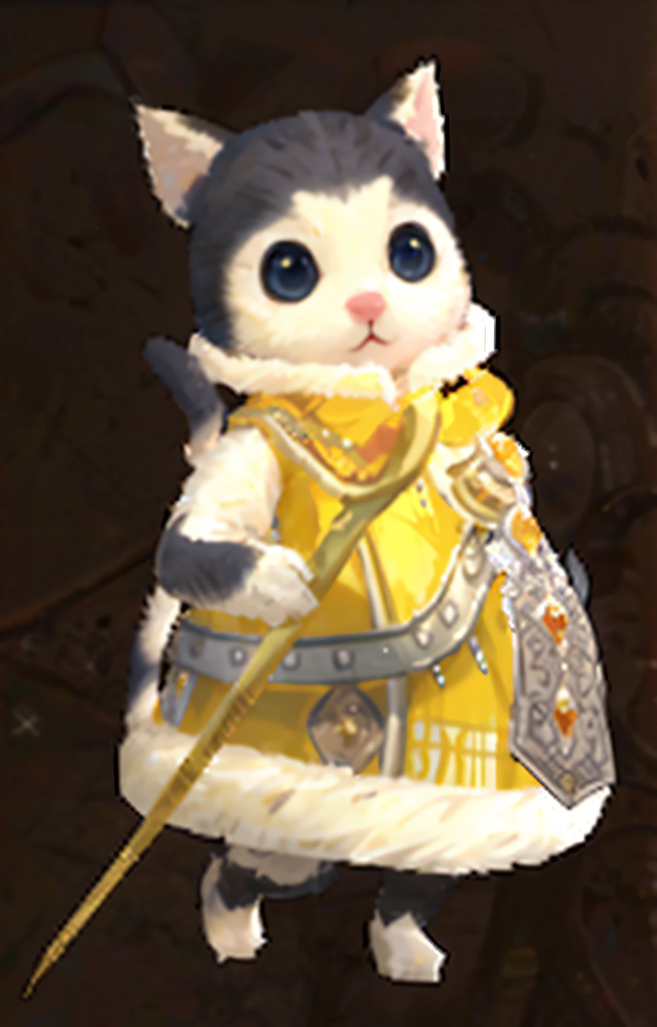 a close up of a cat dressed in a yellow dress holding a sword, tabaxi monk, cattie - brie of mithril hall, wearing golden cat armor, world boss kitten, golden-white robes, gold and white cloak, cotton cloud mage robes, anthropomorphic female cat, armored feline companion, the golden cat armor knight, tabaxi male --auto --s2