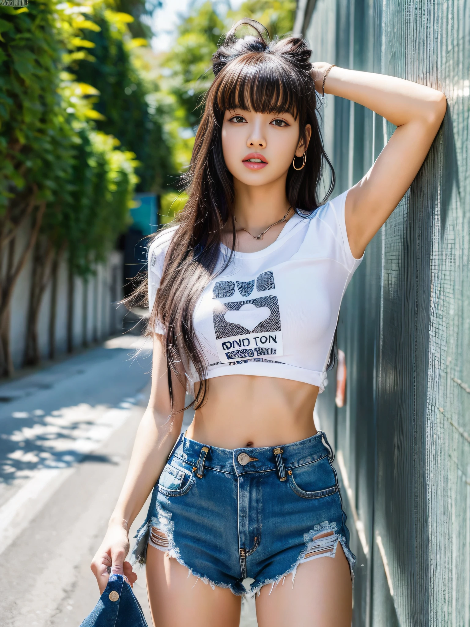 Lisa long hair, Lisa face shape, American retro sportswear, short tight slip T-shirt, digital print, long denim ripped pants, long legs, standing pose, masterpiece, superlative, realistic, HD, natural sunlight, 16k