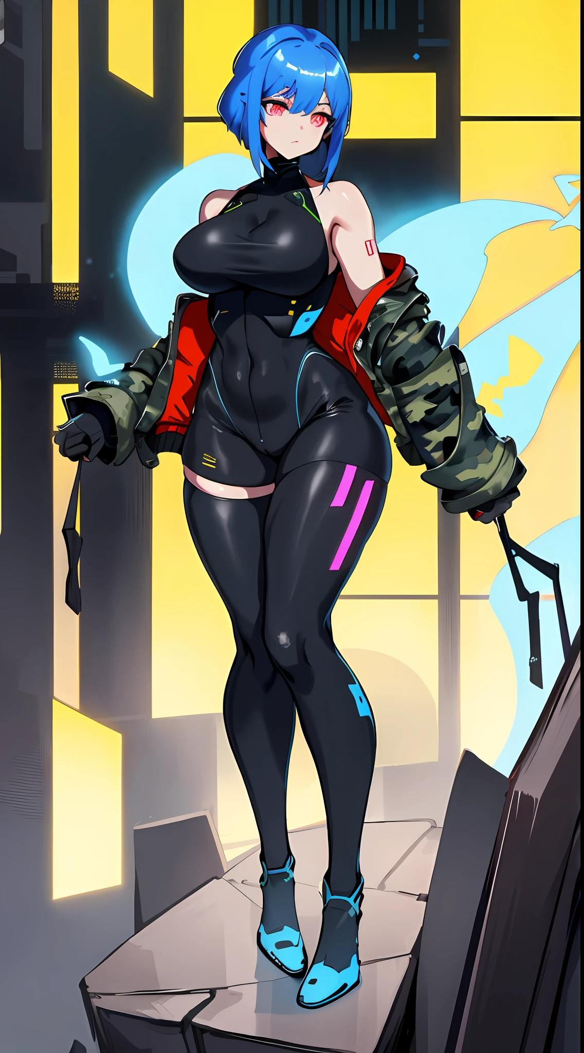 1girl, wide hips, standing, bulletproof vest, cyberpunk, dystopia, ghost in the shell, blue camo, blue body armor, full body shot, whole body, solo, cleavage, cleavage cutout, bike shorts, exposed legs, bare legs, exposed thighs, bare thighs, exposed knees, exposed calves, nsfw, nude, naked, sexy, tight clothes, skintight, exposed shoulders, exposed stomach, exposed hips, city skyscraper, street, tower, apartment, glowing eyes