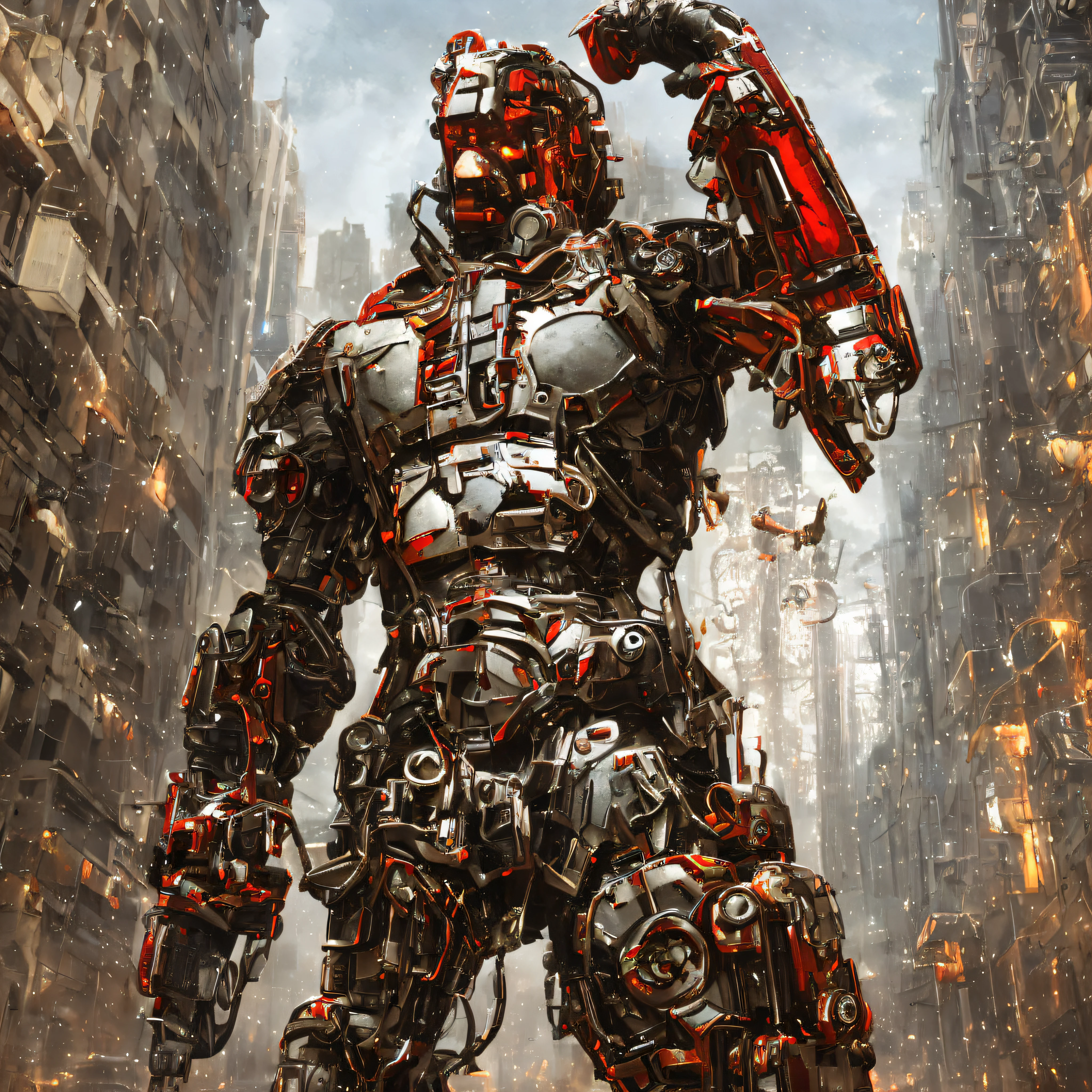 Dark_Fantasy,Cyberpunk,(chain saw,chain saw man,Red:1.1),1man,Mechanical marvel,Robotic presence,Cybernetic guardian, wearing a worn-out mech suit, intricate, (steel metal [rusty]), elegant, clear focus, shot by greg rutkowski, soft lighting, vibrant colors, masterpiece, ((street)), cowboy shot, dynamic pose, --auto --s2