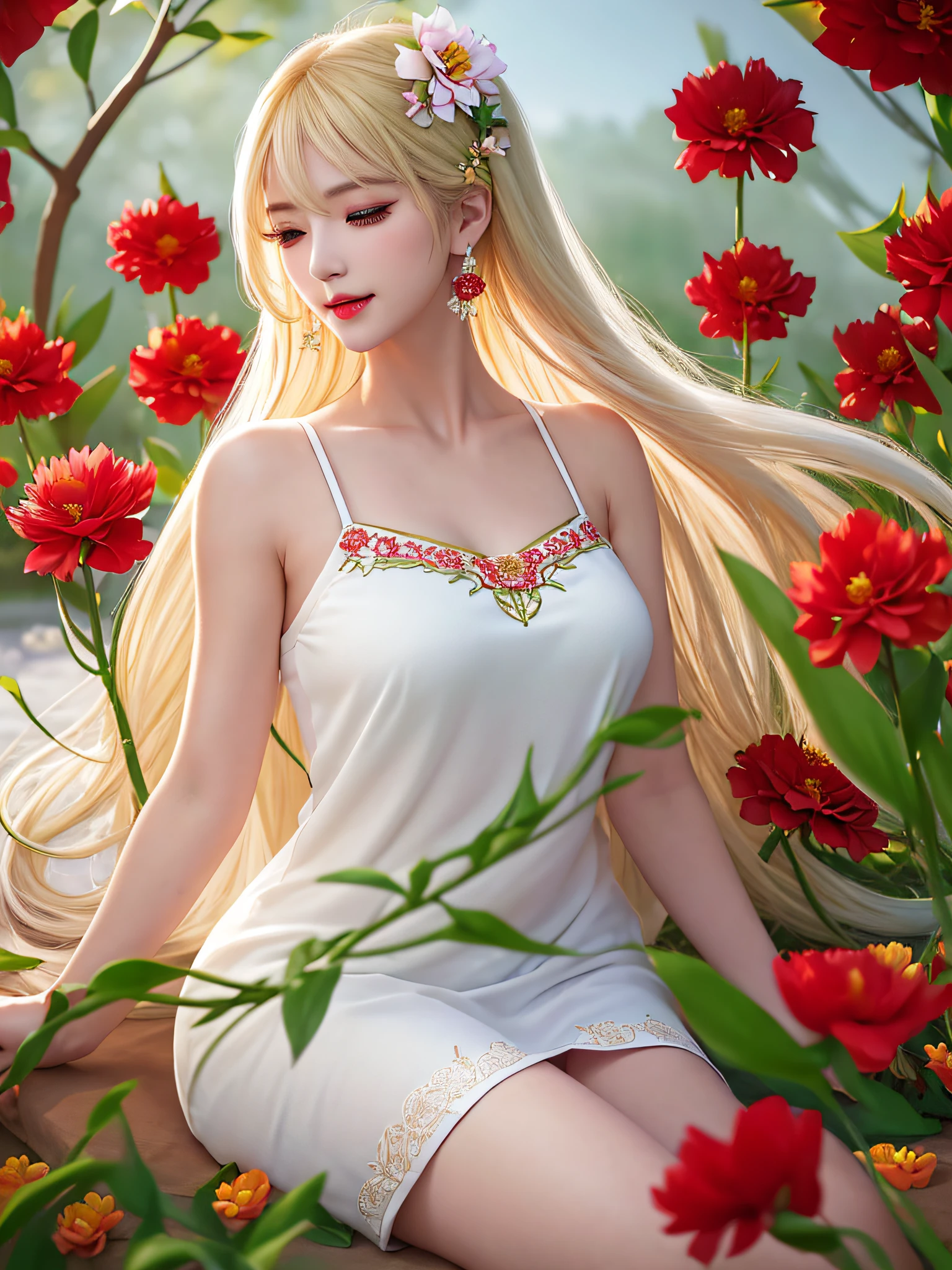 (((Female teacher lying in the flower garden)))v6, earrings, full body v6, (long golden white hair), translucent clothes, look, superb, ultra high definition, RAW photography, realism 1.25), (bright lip gloss, long eyelashes, smooth) face, bright skin, natural shadows, wide light, wide light, depth of field, strong colors, subtle caustics: 0.8), smile, (big), v6 (close your eyes, (camisole if made of red flowers in transparent white))), sleeveless, lower body slender, behind the woman, there are various beautiful flowers (absurd, high resolution, super detailed),