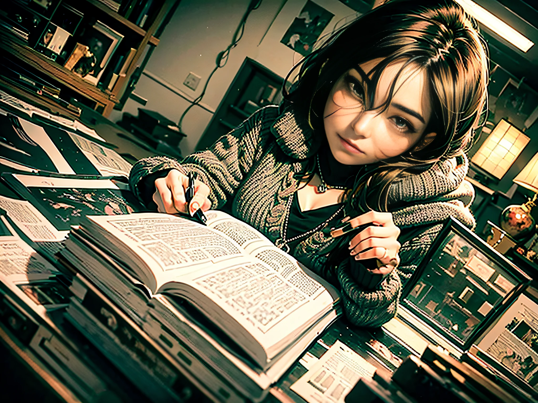 ((Masterpiece, Best Quality)) 1 woman, third perspective, dark eyes, casual clothes, bedroom, homework, evening, dimly lit