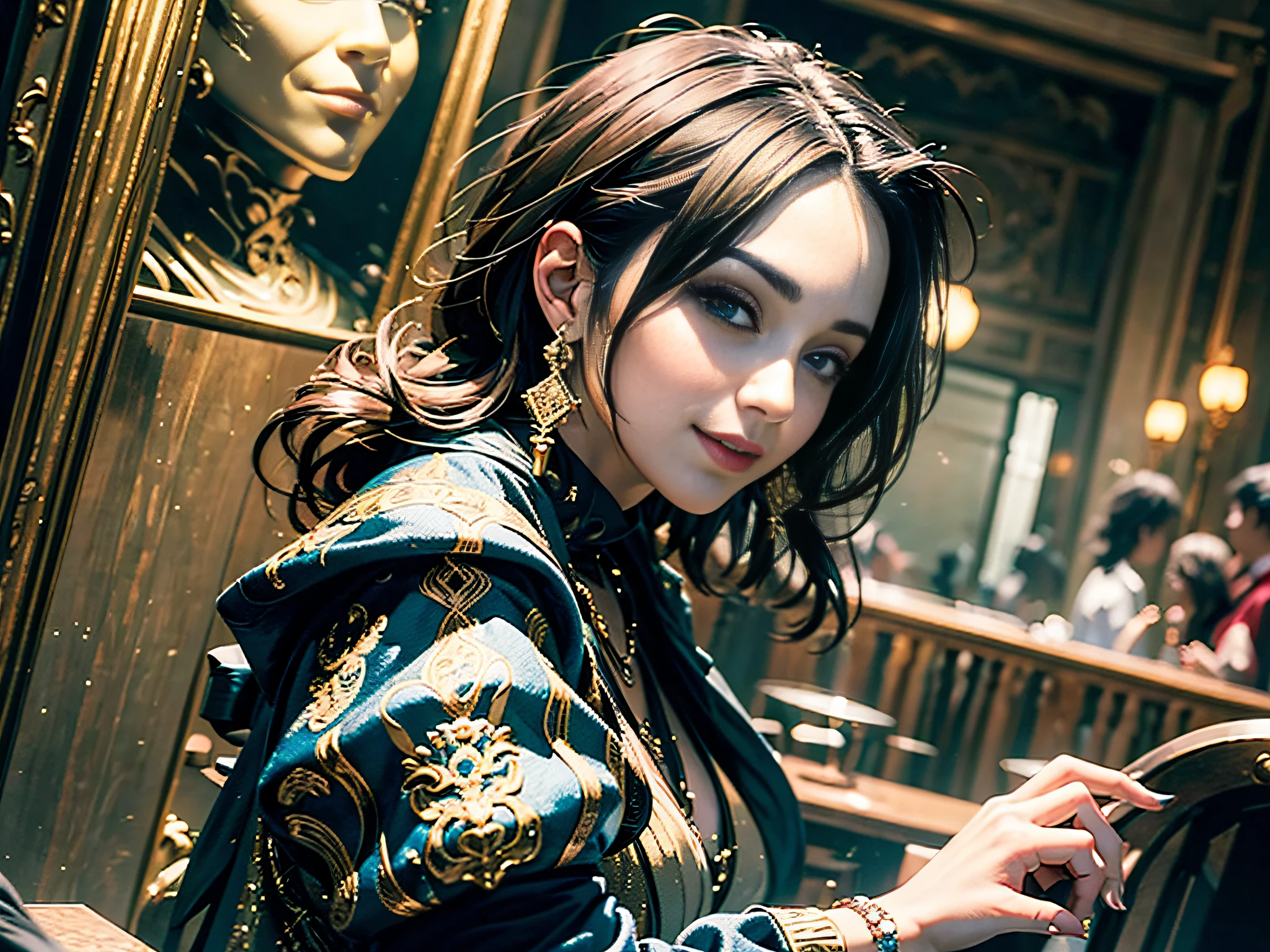 ((masterpiece, best quality)) 1 woman, side view, dark eyes, gorgeous clothes, birthday party, sneak smile, interior, banquet