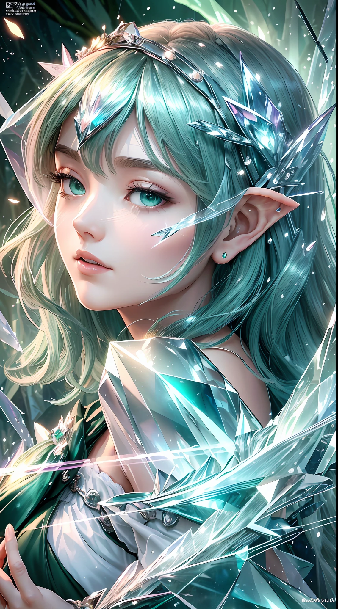 (Masterpiece, Top Quality, Best, Official Art, Beautiful and Aesthetic, Long Exposure: 1.2), Smooth Movement, Charming Patterns, 1 Girl, (Long Dress with Sleeves: 1.3), (((Green Clothes) )), upper body close-up, bare shoulders, Chinese girl, blush, black lob hair, portrait, solo, upper body, looking at the observer, detailed background, detailed face, (crystallineAI, crystalline theme:1.1), elemental wood elf, rotation foliage, control foliage, emerald clothing, dynamic pose, floating particles, ethereal dynamics, foliage, vapor, forest in the background, green tint, forest, ethereal atmosphere,