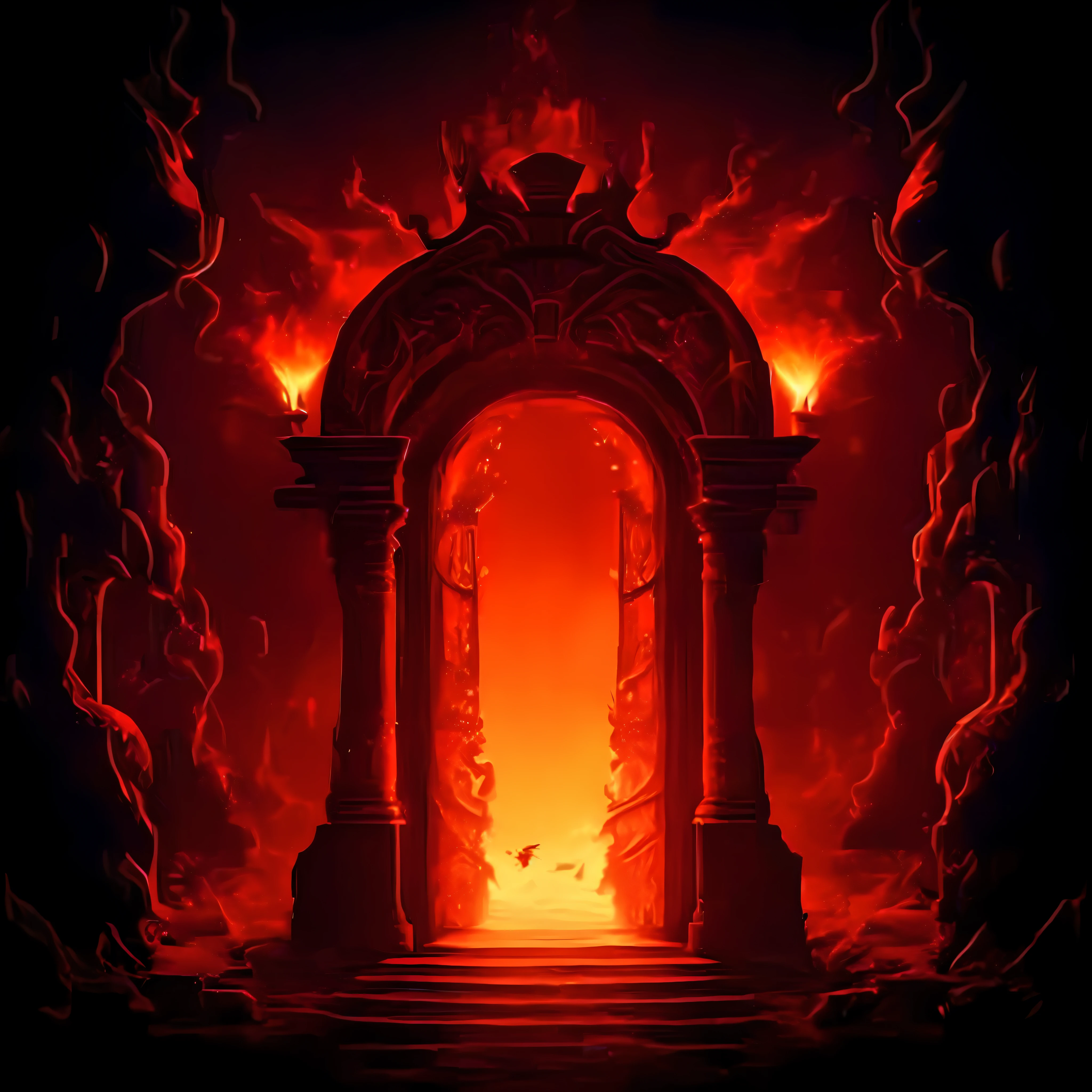 a red fire door in a dark room with a fire coming out, a portal to the lost flame realm, portal to hell, gate to hell, the gate to hell, the gates of hell, gates of hell, the great door of hell, hell background, portal to the ethereal realm, studying a hell open rift portal, a portal to the depths