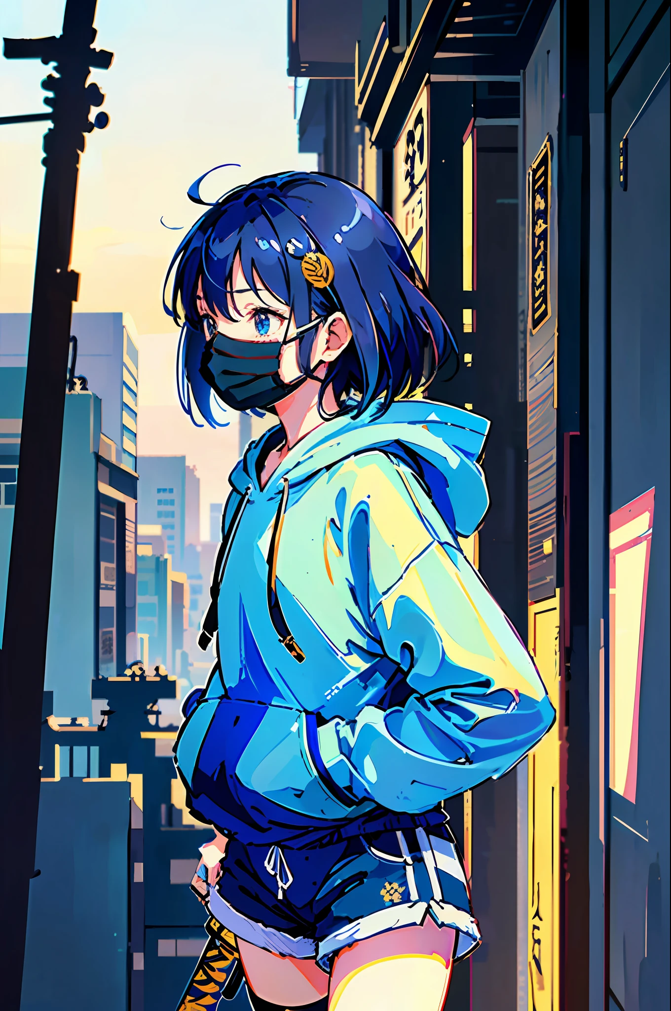 (Minute details, masterpiece, delicate work), ((anime style)), fluid stroke, girl, (blue sweatshirt), (wearing mask), (wearing shorts),((carrying katana)), teenage body, proportional, symmetrical body, top quality,soft focus,(((Just 1girl))), Tokyo city background,aesthetic lofi