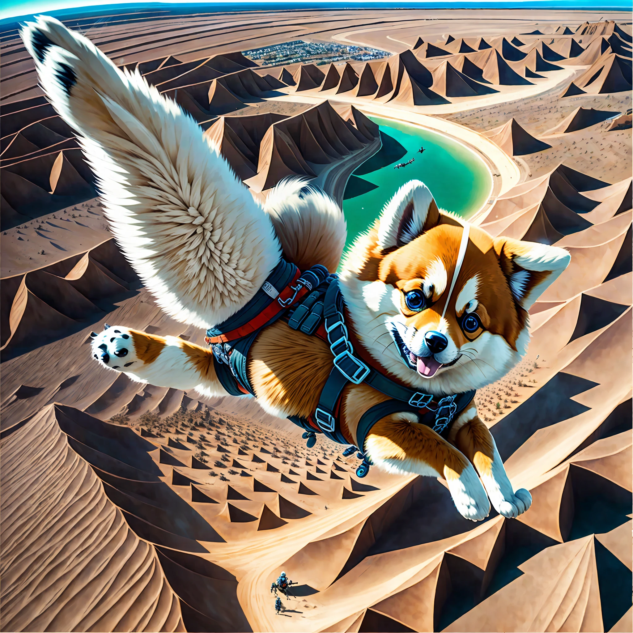 Extreme sports photography, skydiving, a Pomeranian is falling from a high altitude, thrilling and nervous, selfie medium shot, Pomeranian with dog bones on its back, bird's eye view, sea, forest, lake, desert, city, high texture, realistic effect --auto --s2