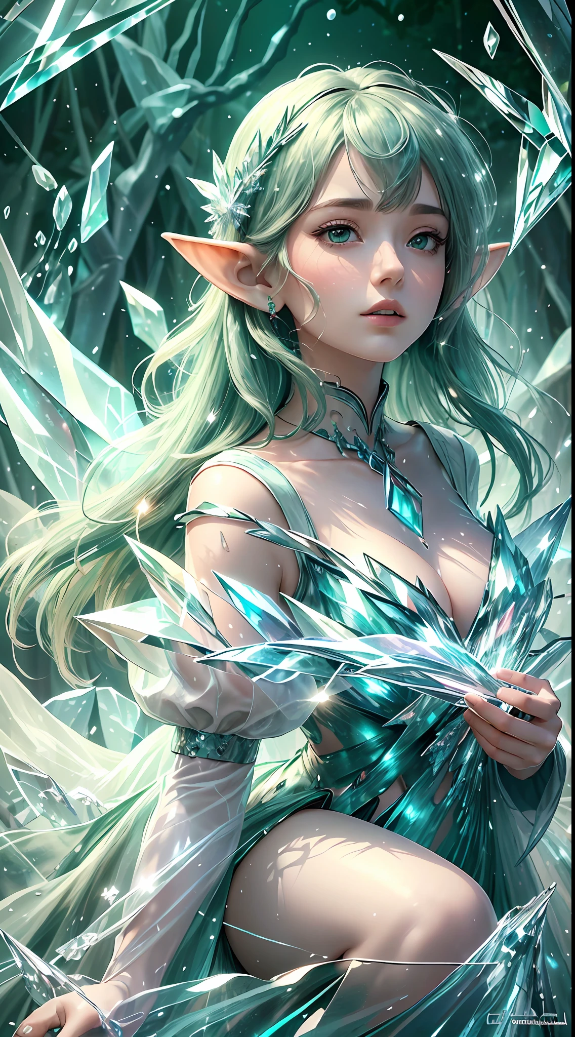 (Masterpiece, Top Quality, Best, Official Art, Beautiful and Aesthetic, Long Exposure: 1.2), Smooth Movement, Charming Patterns, 1 Girl, (Long Dress with Sleeves: 1.3), (((Green Clothes) )), upper body close-up, bare shoulders, Chinese girl, blush, black lob hair, portrait, solo, upper body, looking at the observer, detailed background, detailed face, (crystallineAI, crystalline theme:1.1), elemental wood elf, rotation foliage, control foliage, emerald clothing, dynamic pose, floating particles, ethereal dynamics, foliage, vapor, forest in the background, green tint, forest, ethereal atmosphere,