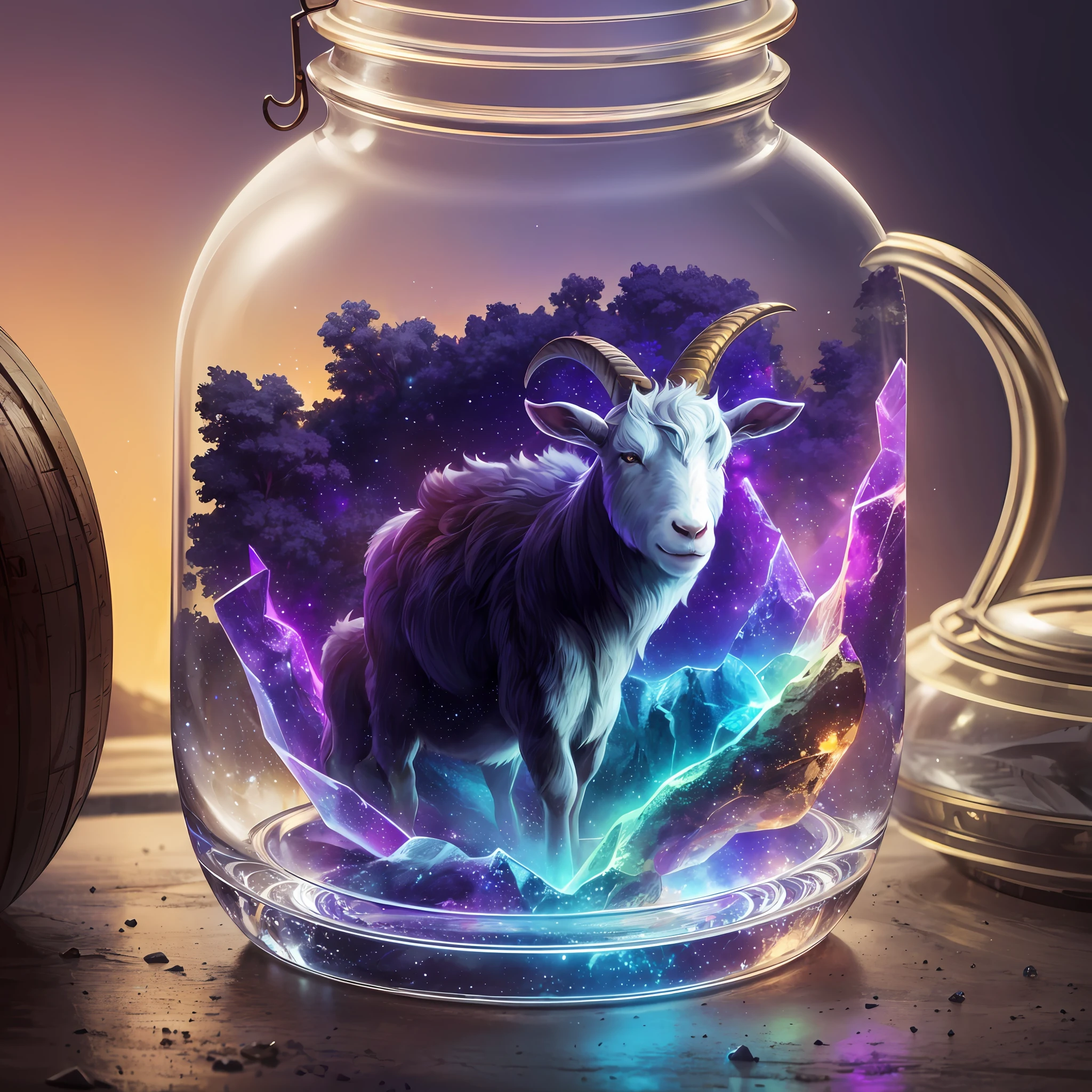 goat with a golden crown, stuck inside the infinity sign, night background, atmospheric lighting, 4k UHD, dark and light vibrations, hyper detailed, vibrant colors, epic composition, octane rendering, sharp focus, high resolution isometric, fantastic art, --auto --s2