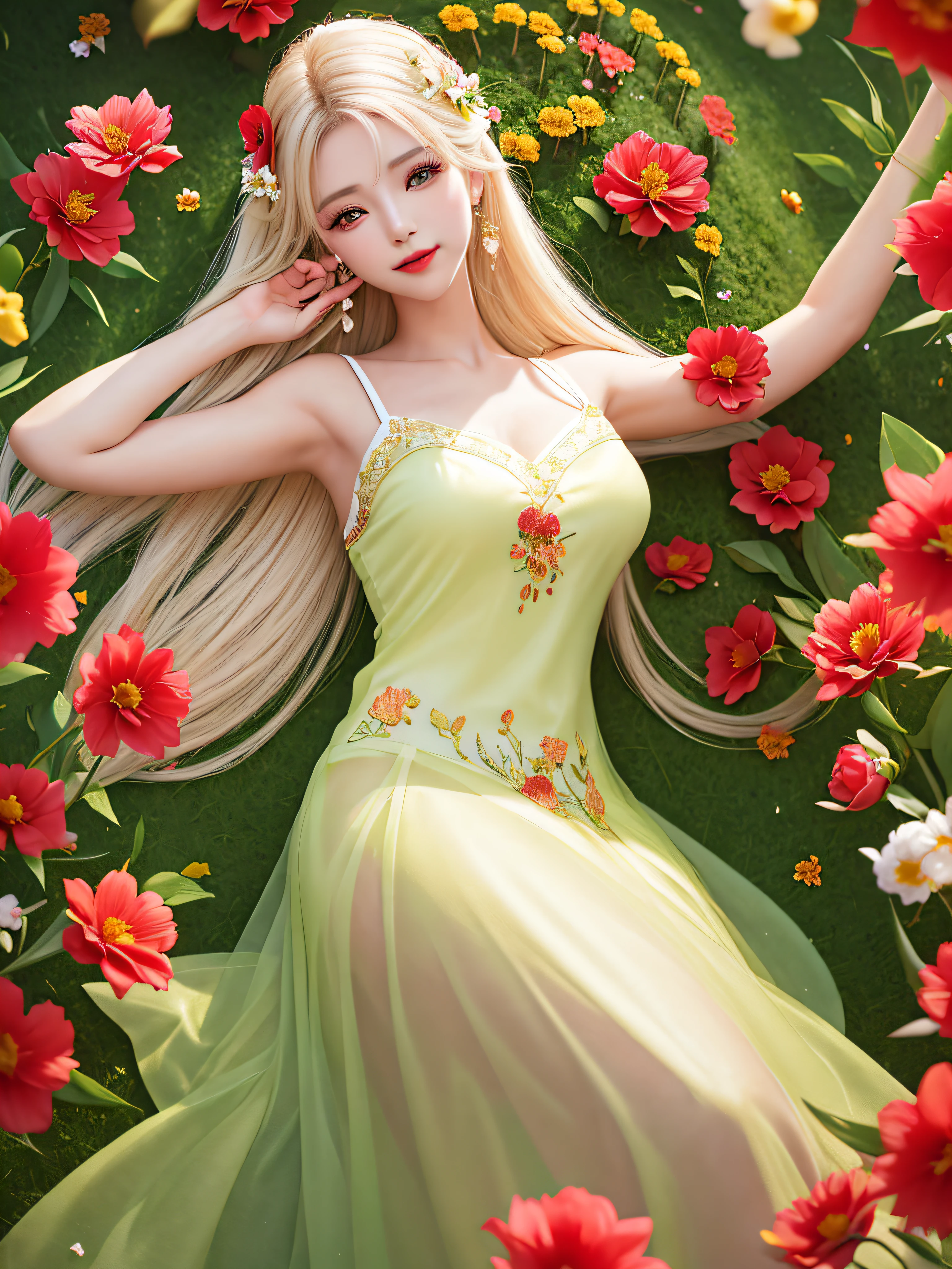 (((Female teacher lying in the flower garden)))v6, earrings, full body v6, (long golden white hair), translucent clothes, look, superb, ultra high definition, RAW photography, realism 1.25), (bright lip gloss, long eyelashes, smooth) face, bright skin, natural shadows, wide light, wide light, depth of field, strong colors, subtle caustics: 0.8), smile, (big), v6 (close your eyes, (camisole if made of red flowers in transparent white))), sleeveless, lower body slender, behind the woman, there are various beautiful flowers (absurd, high resolution, super detailed),