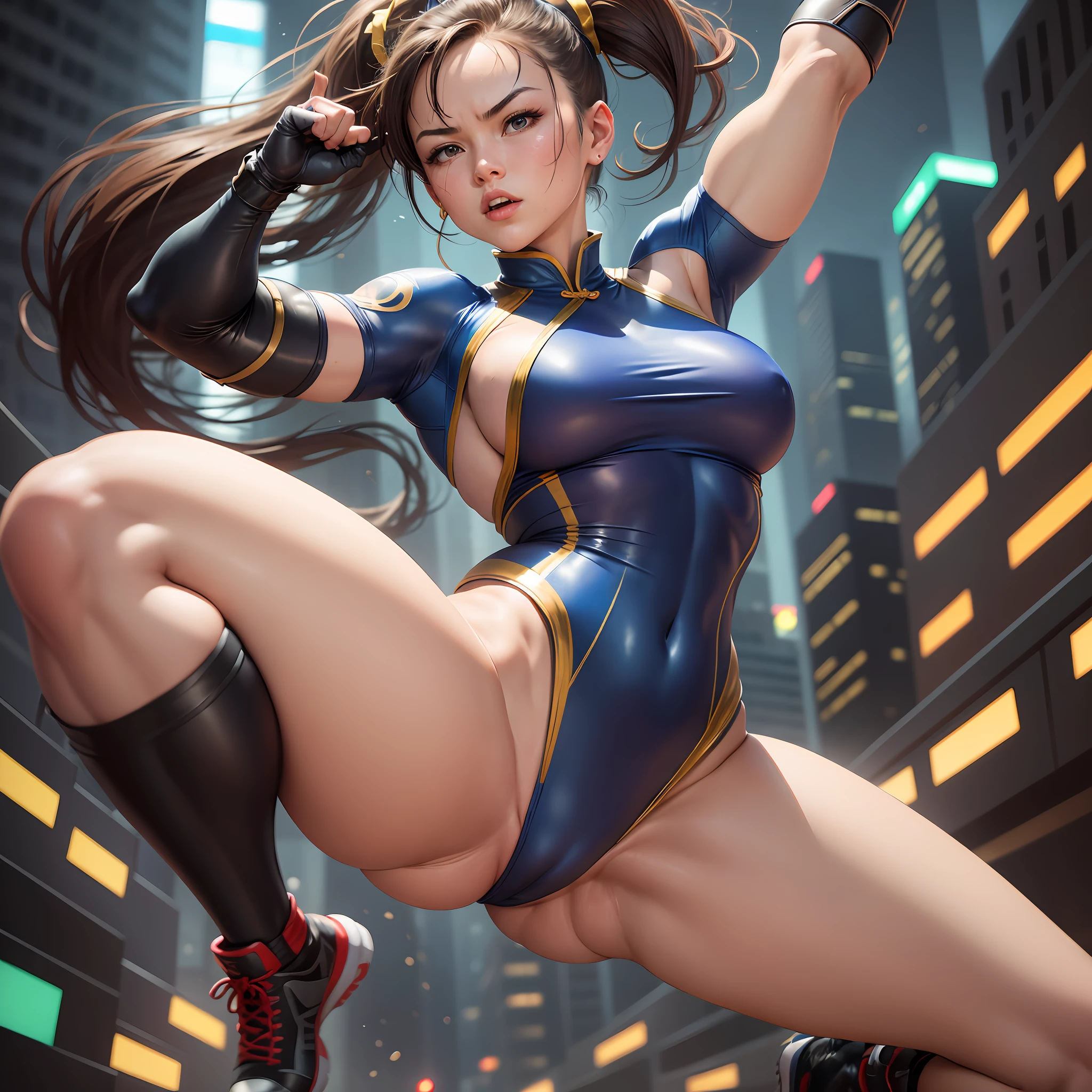 The image depicts Cammy and Chun-Li, two powerful Street Fighter fighters, in a dynamic and intense confrontation. Both are wearing short, iconic wrestling suits that highlight their athletic bodies. Cammy wears her signature military attire, consisting of a tight olive green tights with black and red accents. She also has matching gloves and boots, which offer protection and agility.  Chun-Li, for his part, wears his classic Chinese combat suit, known as "qipao." The qipao is vibrant blue in color, with gold accents and short skirt that allows freedom of movement for its powerful kicks. She also wears white socks and boots, further enhancing her sleek appearance. Both fighters are immersed in a dynamic pose. Cammy performs an acrobatic leap in the air, displaying her agility and dexterity. She swings her leg back, bracing herself for a precise kick. Her blonde hair is flowing as she focuses all her energy on the blow.  Chun-Li, on the other hand, has his feet firmly planted on the ground, demonstrating his stability and strength. His right fist is raised, ready to deliver a powerful punch towards Cammy. Her long black hair floats in the wind, giving her an imposing appearance. The image is set in a nighttime urban setting, with neon-lit streets and tall buildings in the background. The bright lights cast dramatic shadows over the fighters, highlighting their tense muscles and determined expressions. Sparks and motion effects add a touch of dynamism to the scene, capturing the energy of confrontation. --auto --s2