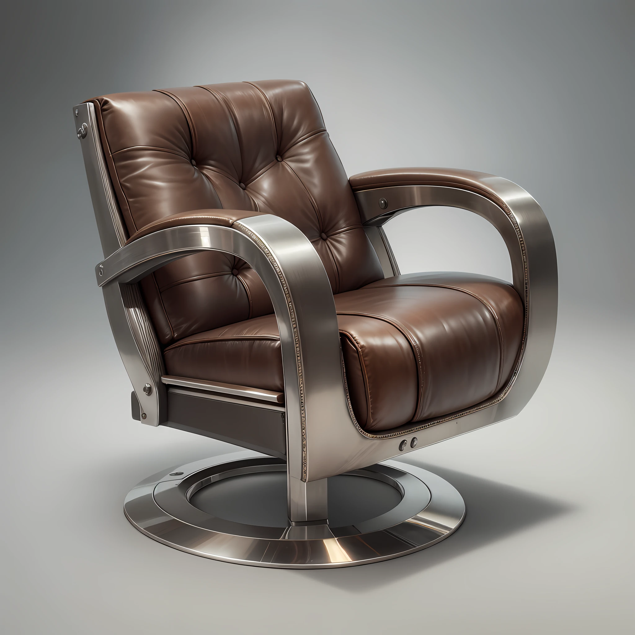 high-tech and art deco worn brown leather arm chair,
distressed leather, stainless steel structure, steel finishes, technologic arm chair, gamer arm chair, art deco style, art deco design, executive chair with casters, gamer chair, art deco
